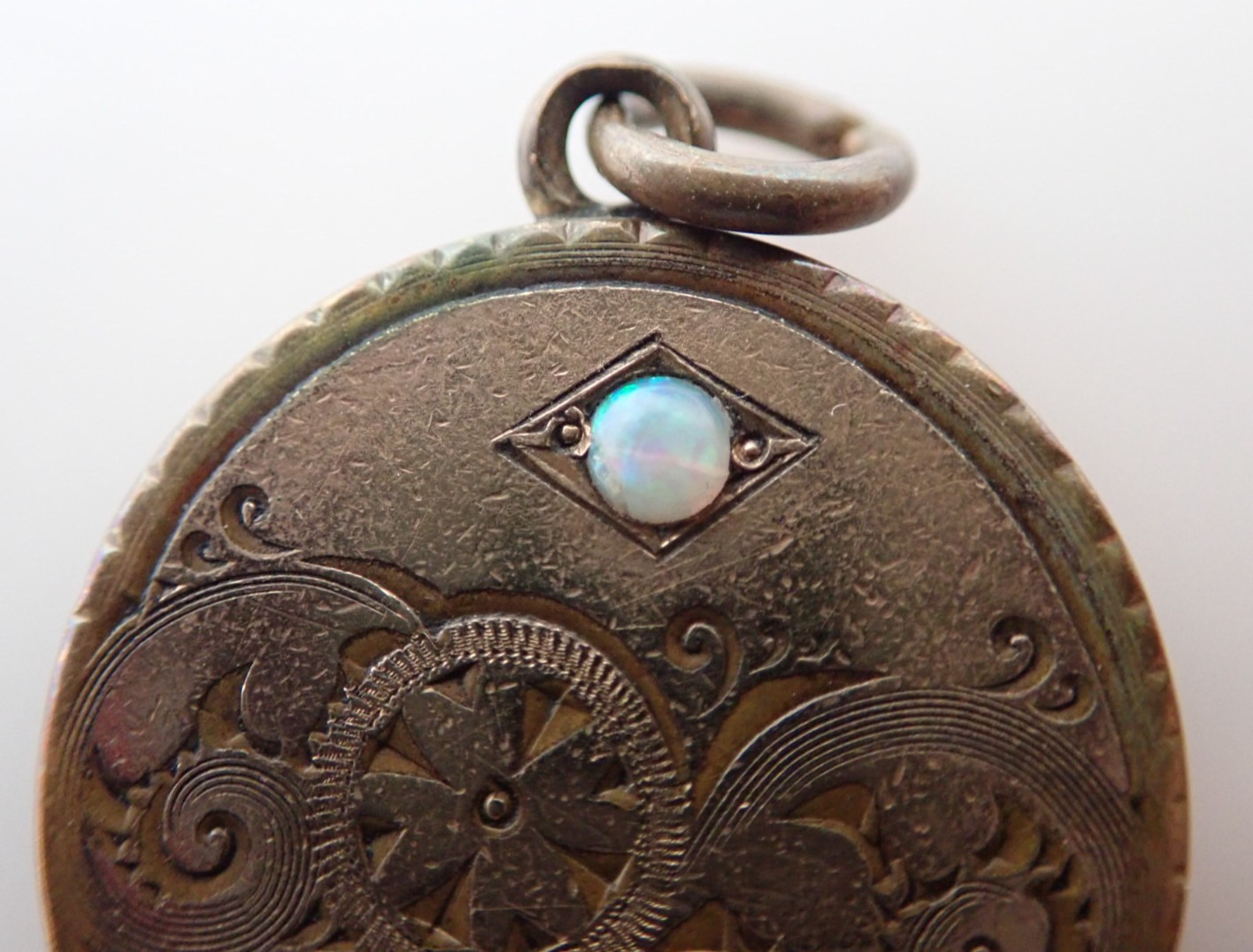 Antique SKM & Co Gold Filled Etched Opal Photo Locket Fob Pendant Necklace