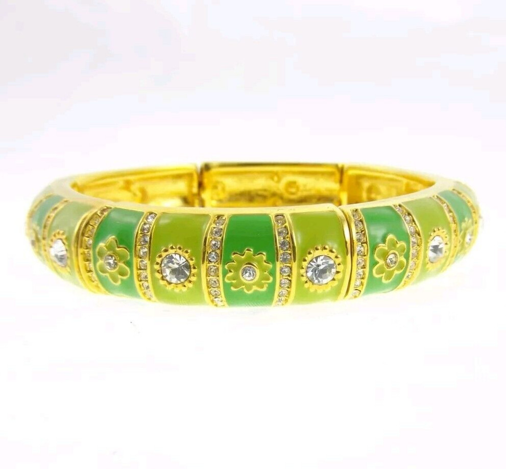 7.5″ Joan Rivers Lime Green Enamel Rhinestone Bracelet Stretch
