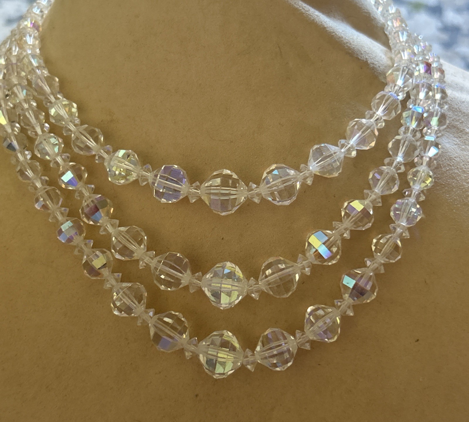 Laguna faceted clear crystal three strand 15” beaded necklace