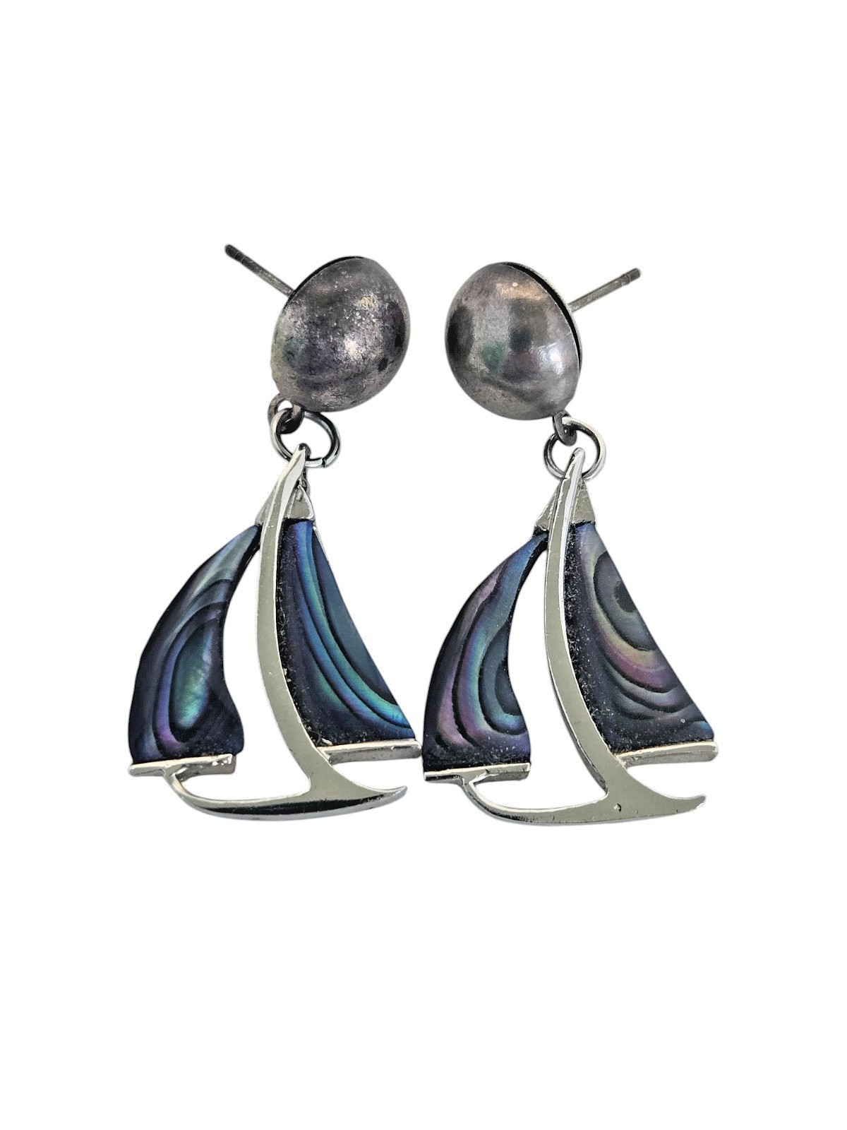 Vintage Silver Tone Blue Paua Abalone Sailboat Drop/Dangle Earrings