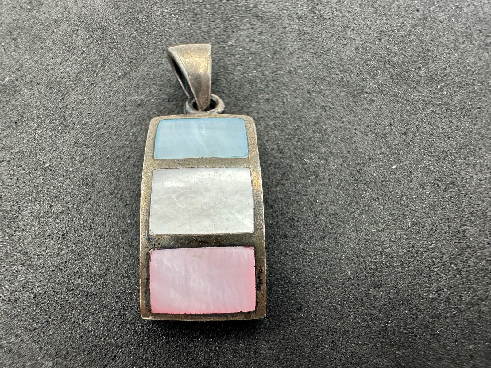 5.18g Vintage Sterling Silver 925 Pendant Blue White Pink Inlay Rectangular M