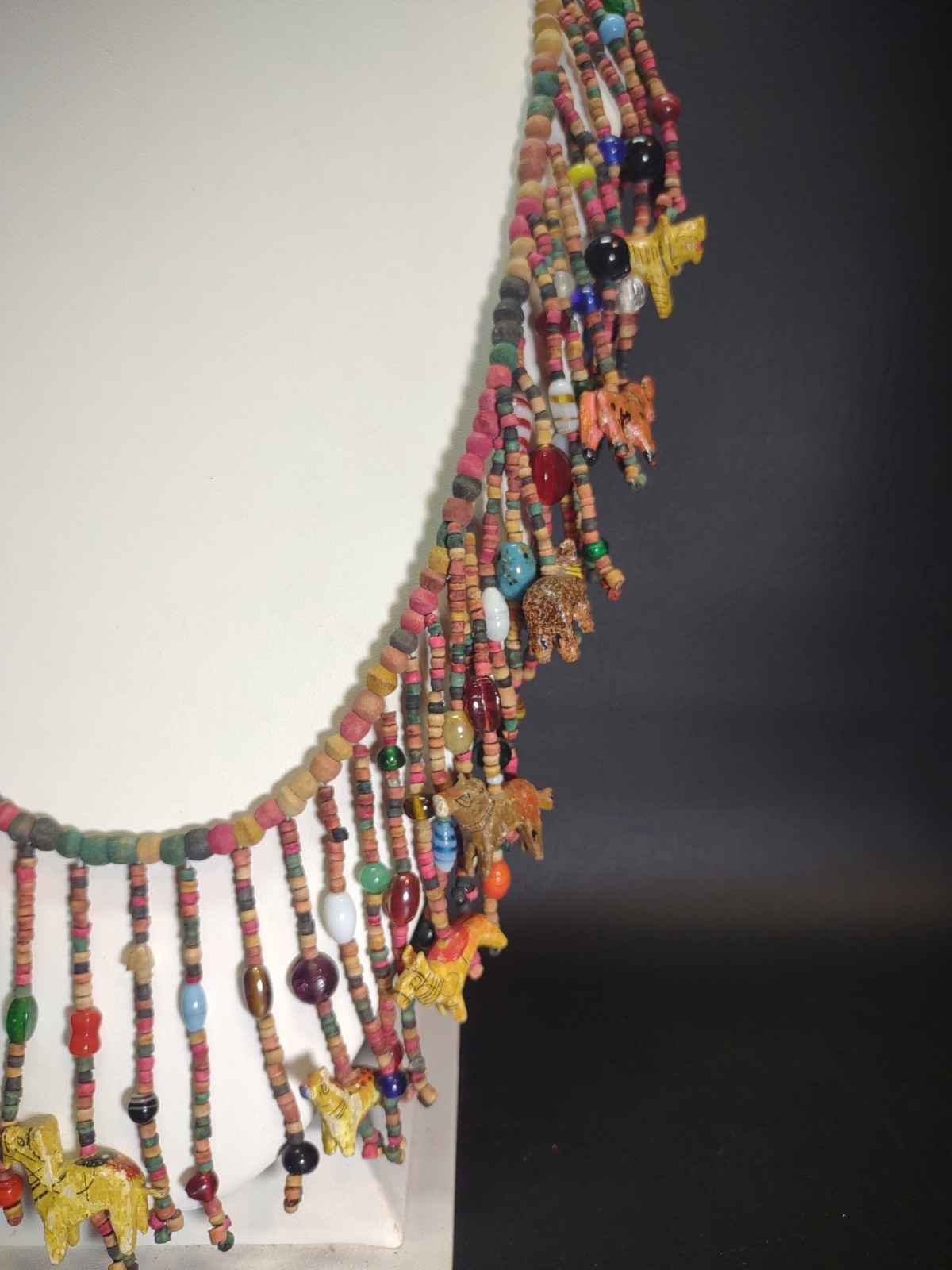 Vgt Africa Multi-Strand Drops Hand Carved Wood Animal Glass Beads Necklace Boho