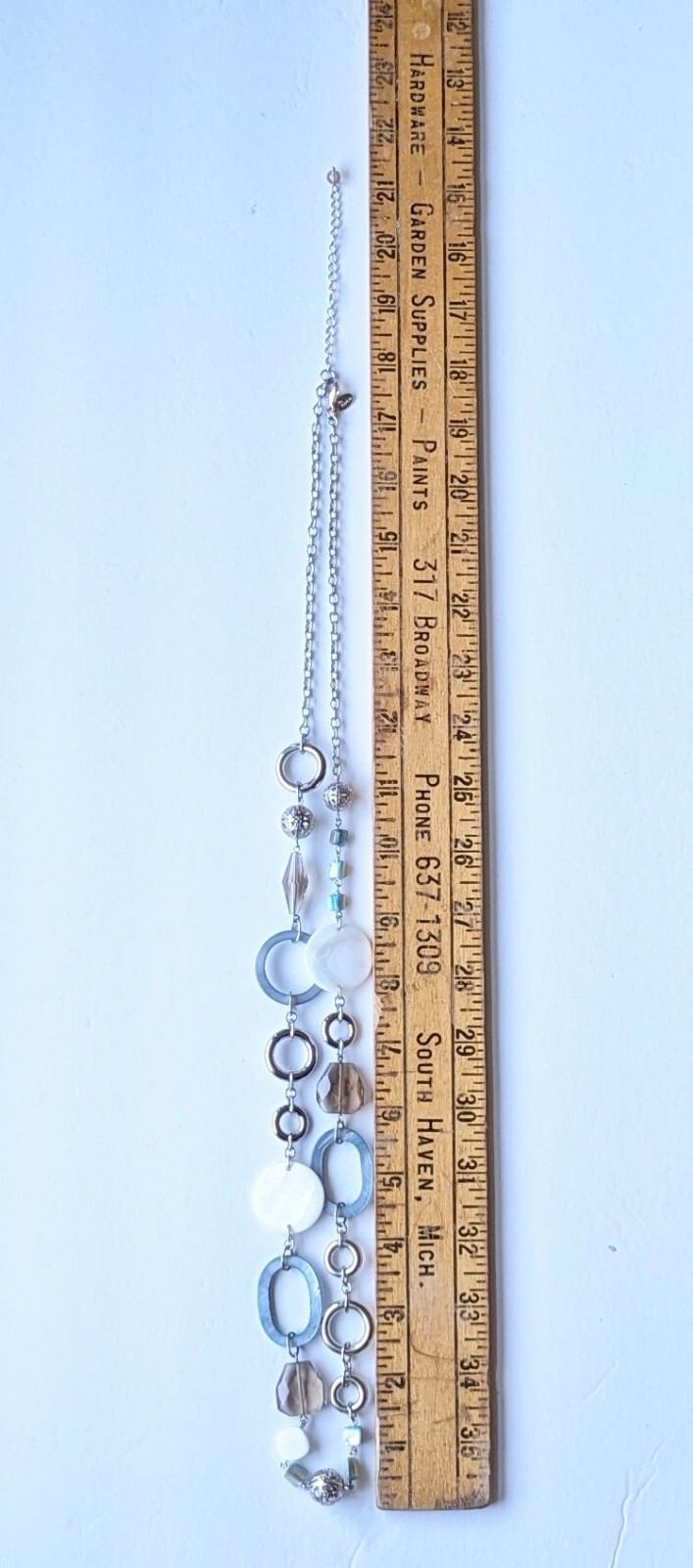 LIA SOPHIA Silver Tone Necklace 36″ + Blue Shell Circle Brown Smokey Glass Beads