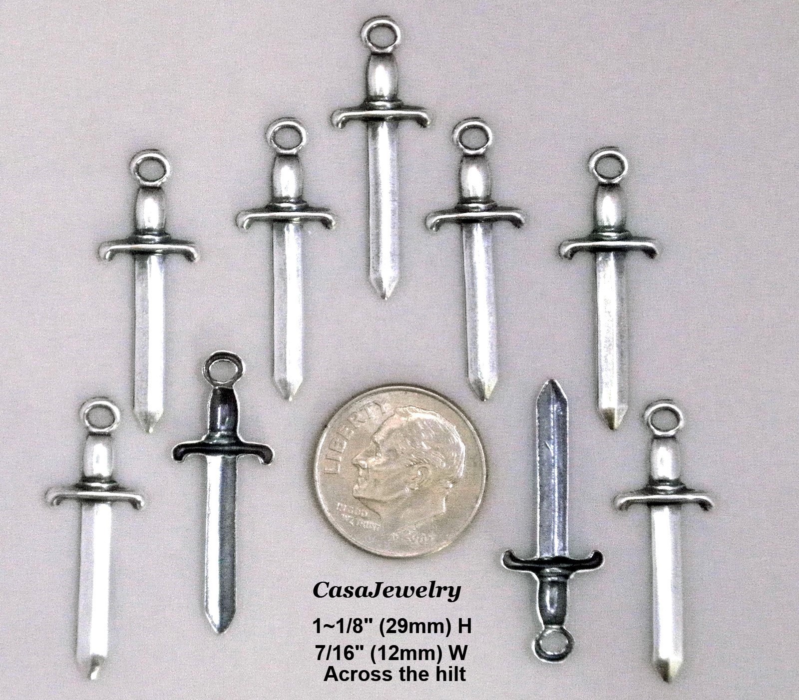 #0466 SMALL ANTIQUED STERLING SILVER PLATED SWORD W/TOP HANG RING – 12 Pcs
