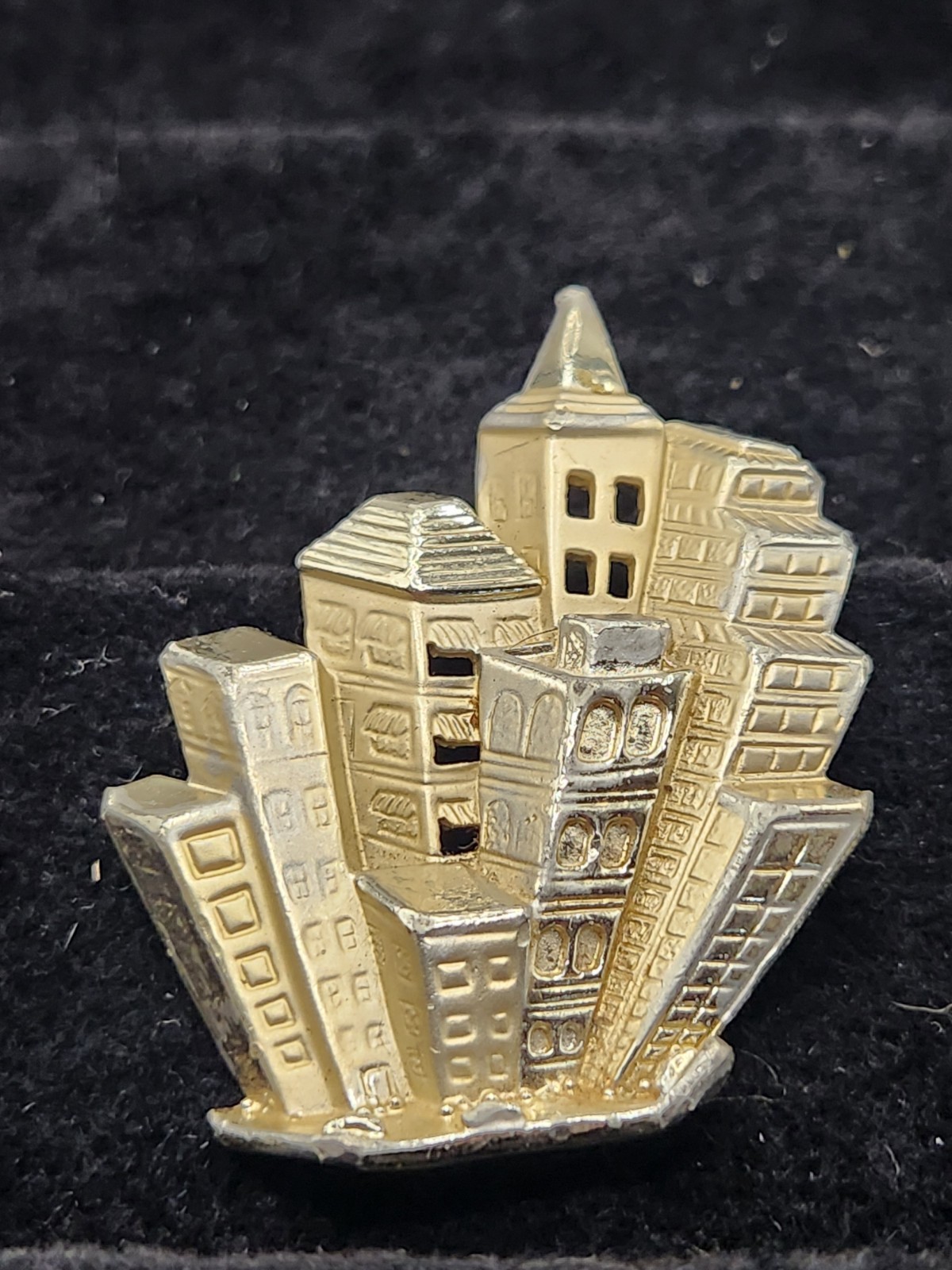 Vintage AJC City Skyline Brooch Gold Tone Urban Buildings Art Deco Style Pin