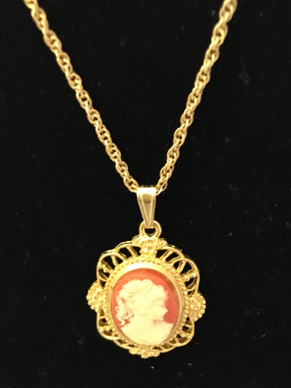 Vintage 24″ Gold Tone, Cameo, Ivory and Salmon Color, Pendant Necklace, JWL-1081