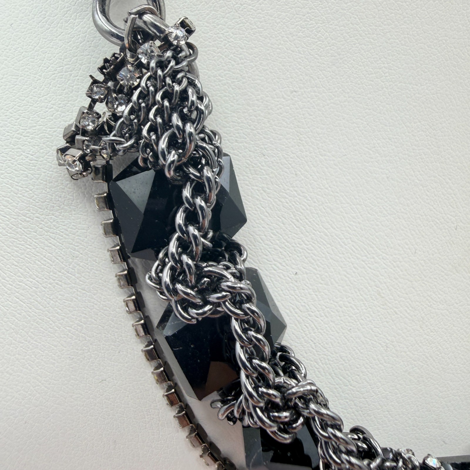 Vintage Gunmetal Tone Chunky Black Bead Choker Necklace Rhinestone Cluster Chain