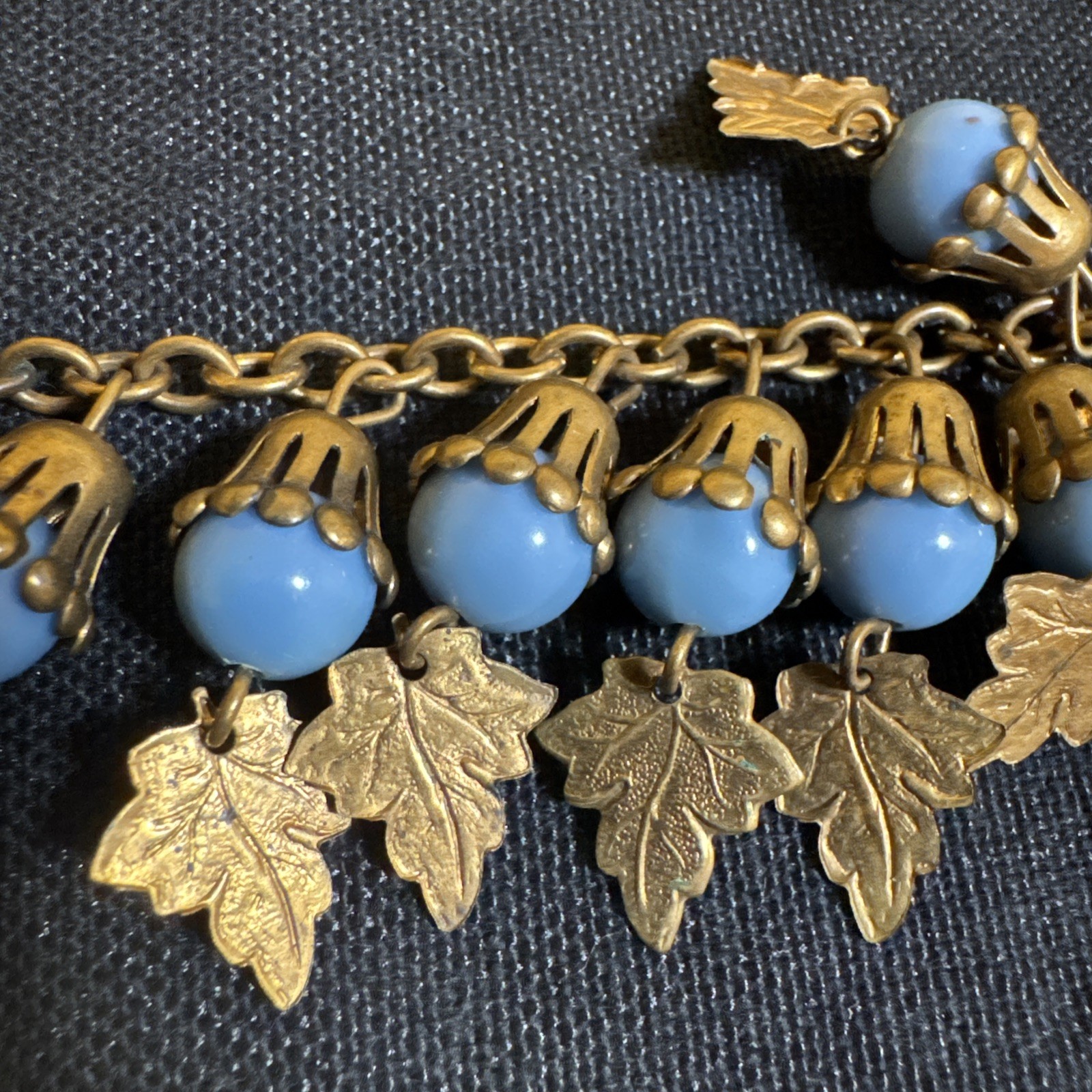 Vintage Flower-like Capped Blue Celluloid Balls w/ Leaves Necklace & Bracelet