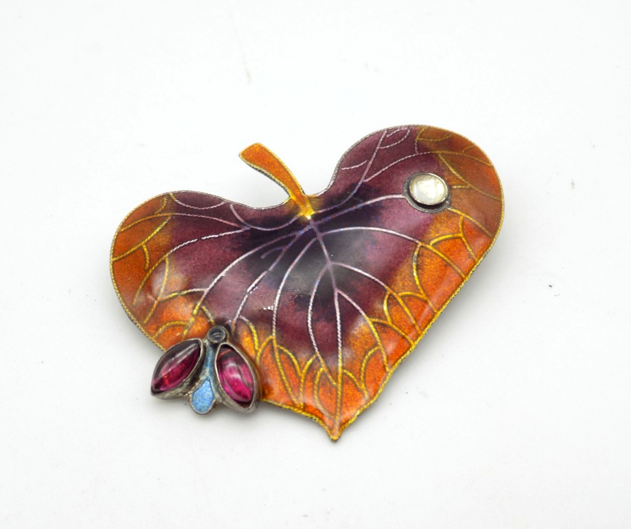 Artisan Sterling Silver Purple Orange Enamel Leaf Brooch Amethyst Bug