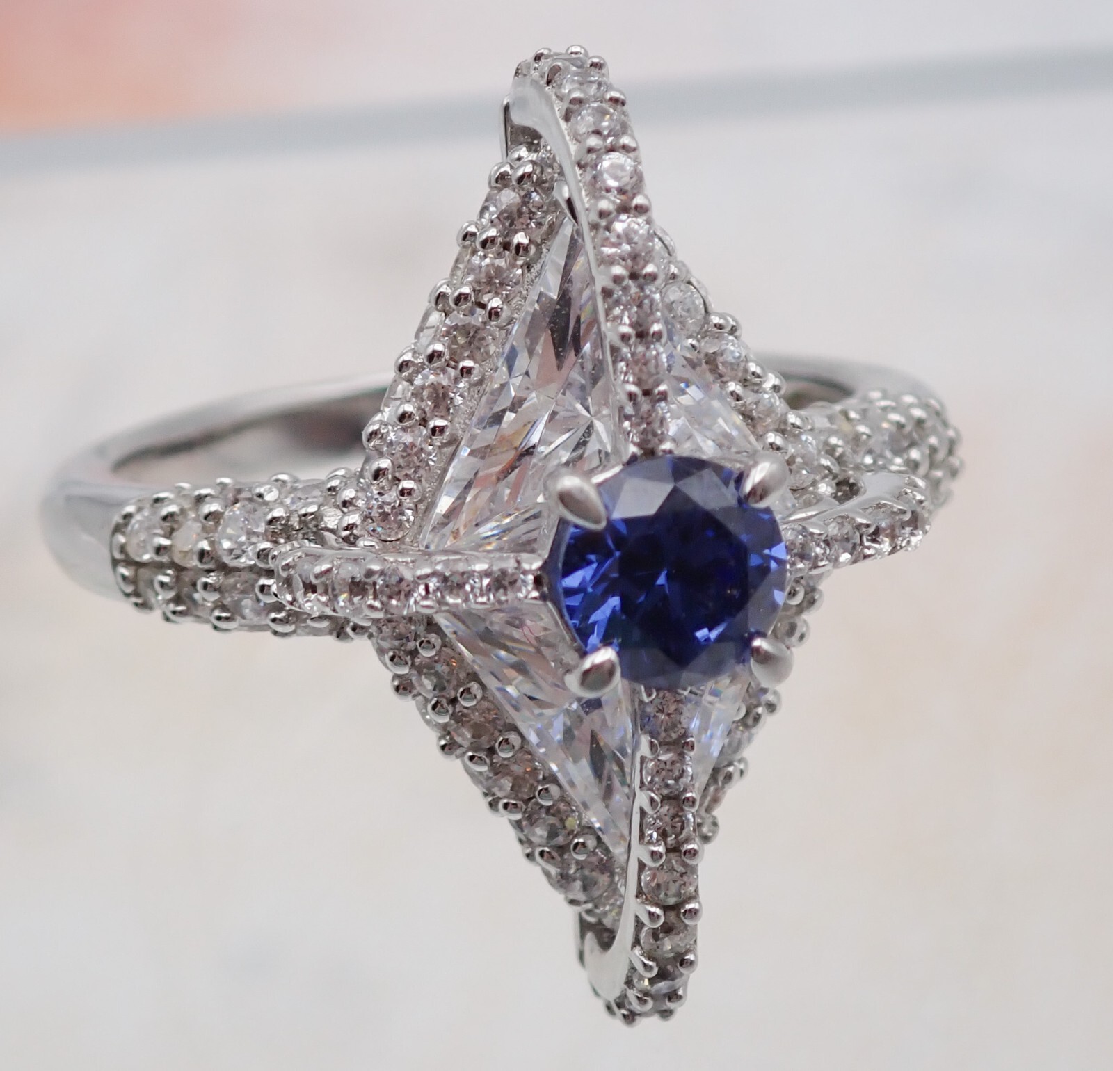 Vtg HSN High Relief Blue Clear CZ Pave Designer Sterling Silver Size 12 Ring