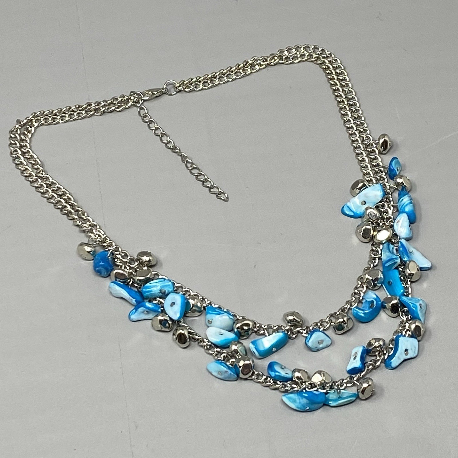 Mother of Pearl Necklace Blue Dyed Fringe Nuggets Silver Tone Layered Shell 16″