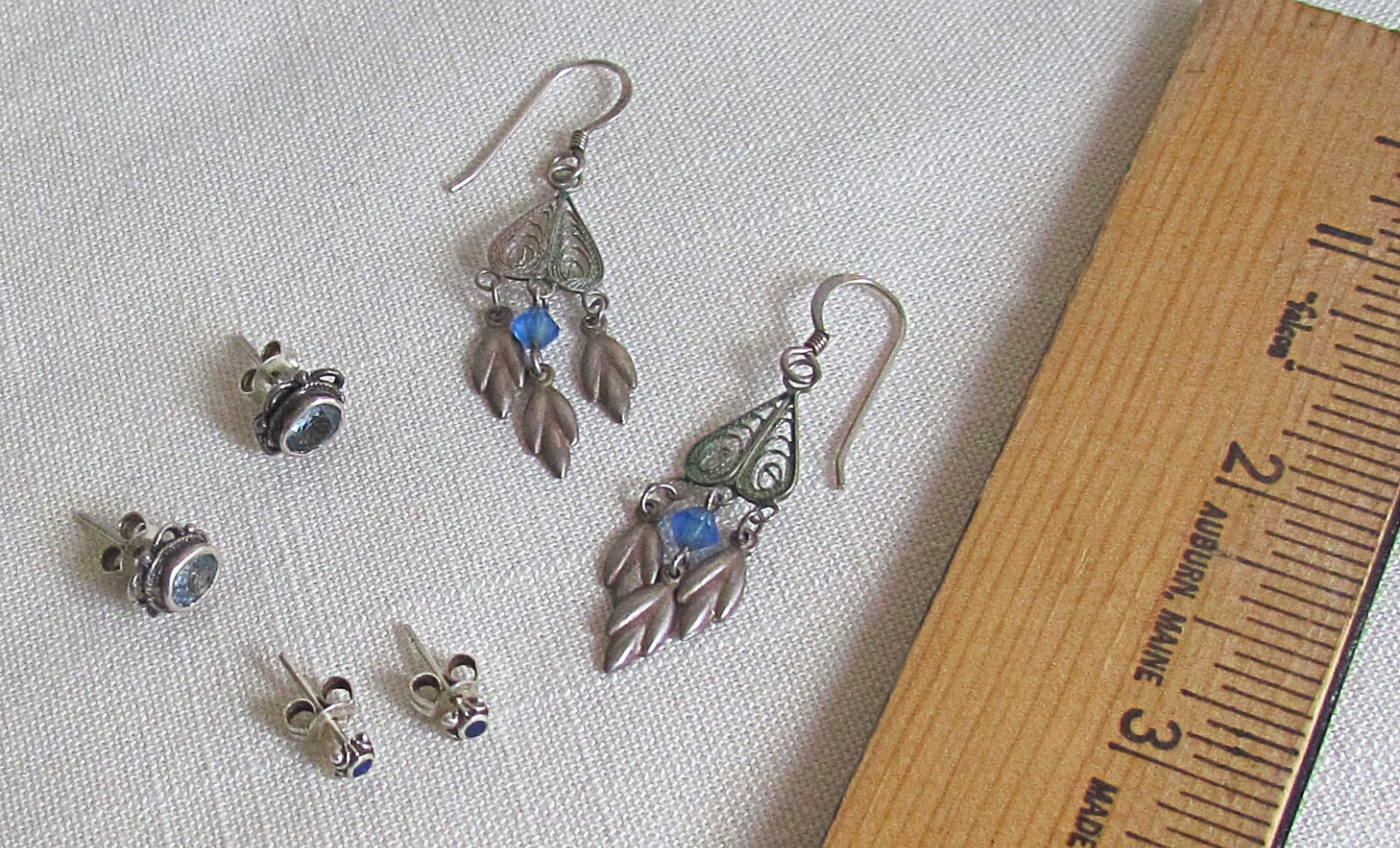 3 Pair Vtg Blue Stone Bead & Sterling Silver Stud Post & Dangle Drop Earrings