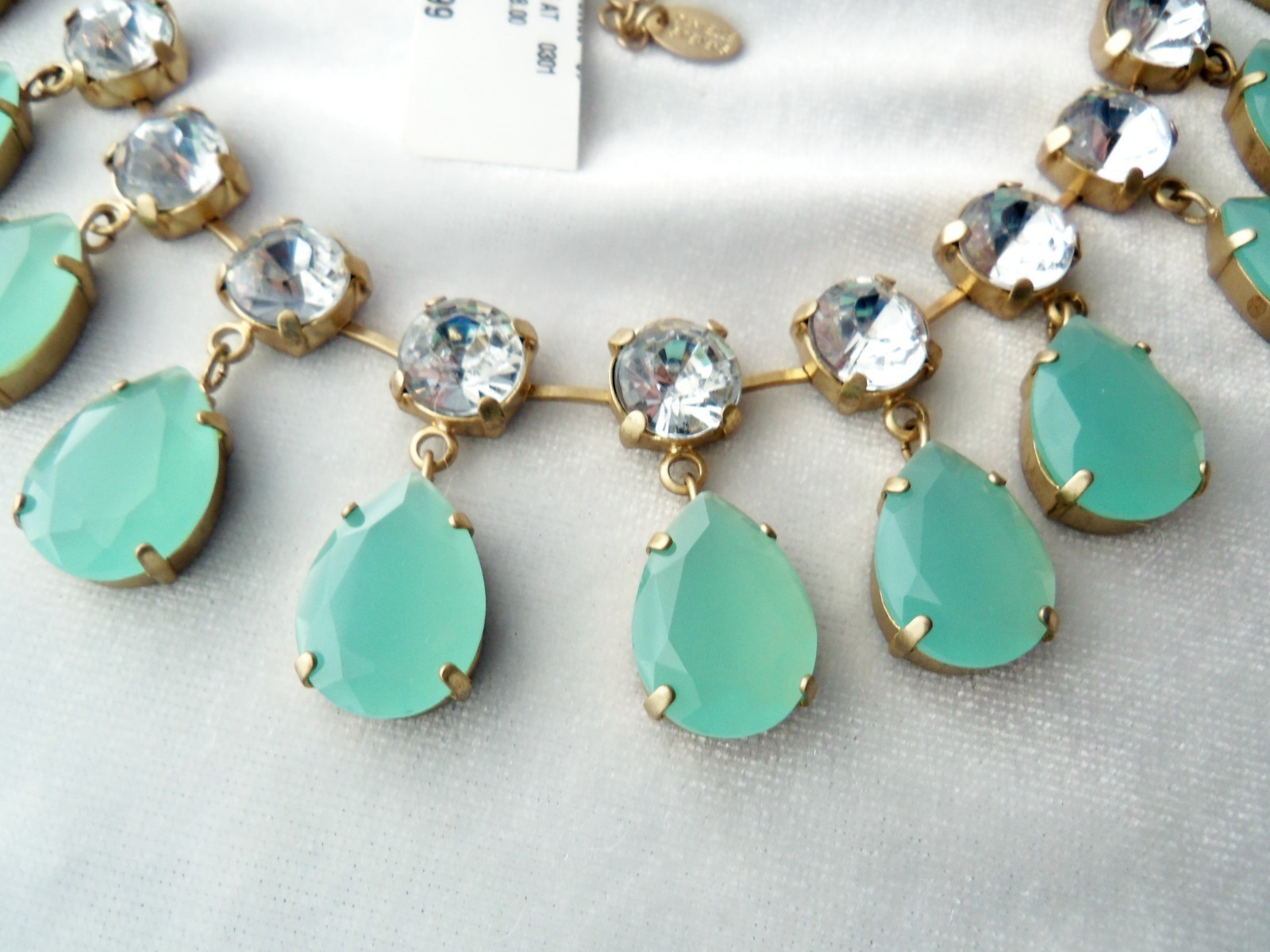 Danielle Stevens Mint Green Lucite Crystal Stones Fringe Bib Statement Necklace