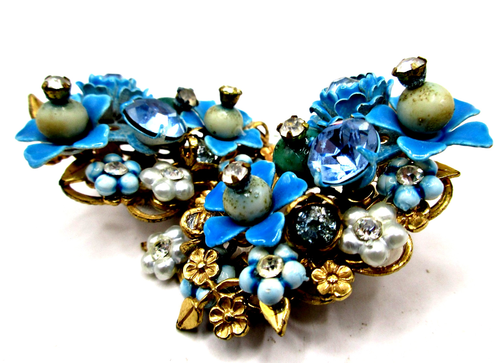 Vintage 50’s Blue Enamel Forget Me Not Pearl Rhinestone Earrings ROBERT DE MARIO