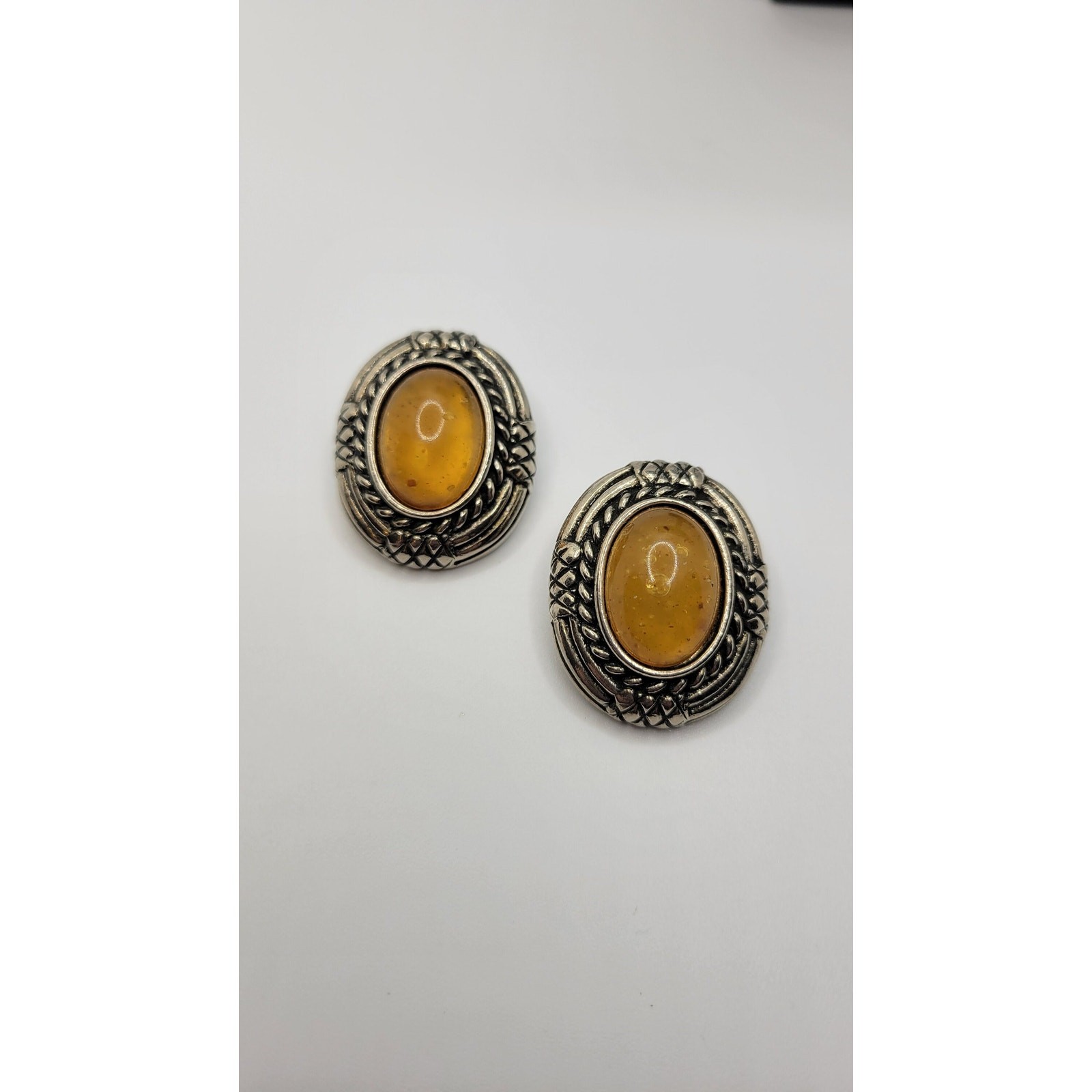 Ben Amun Faux Amber Clip On Earrings Antiqued Silvertone Cabochon Signed Vintage