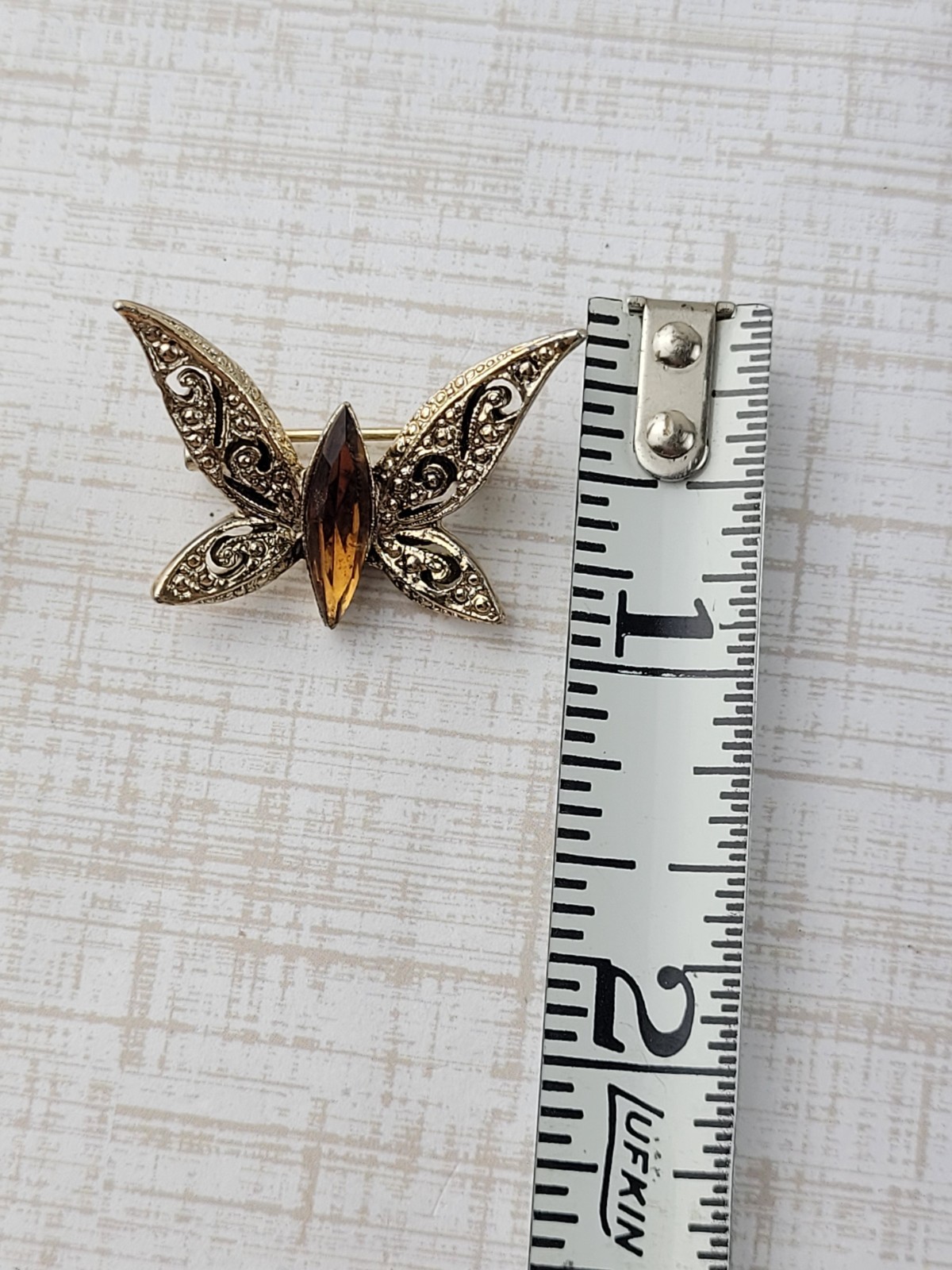 2 Small Gold Tone Butterfly Scatter Pins With Amber Brown Rhinestones 1″