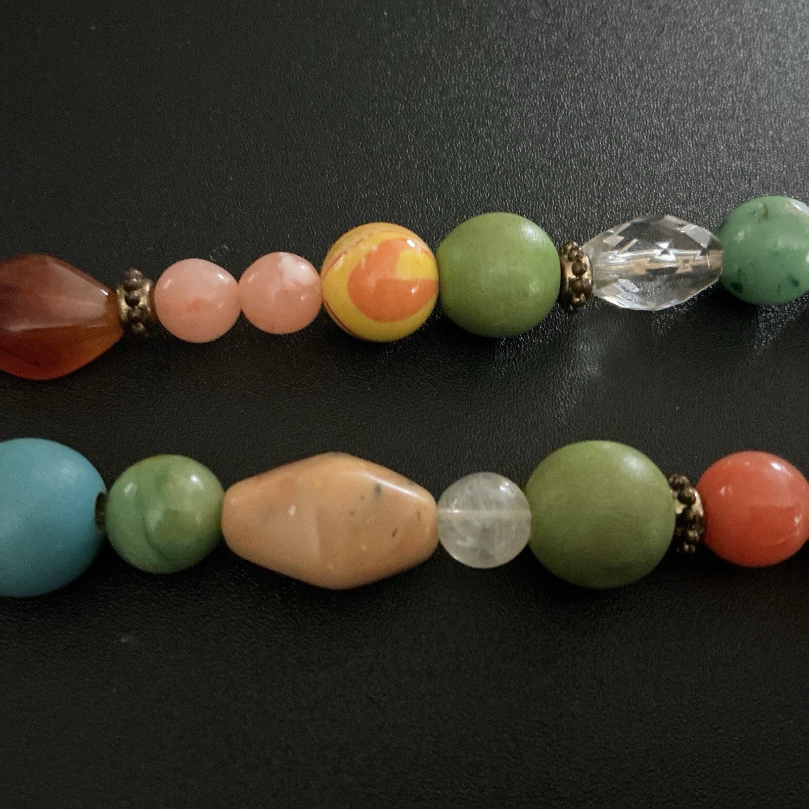 Vtg Necklace 28” Mixed Media Eclectic Beads Glass,Lucite,marble 80s Bohemian