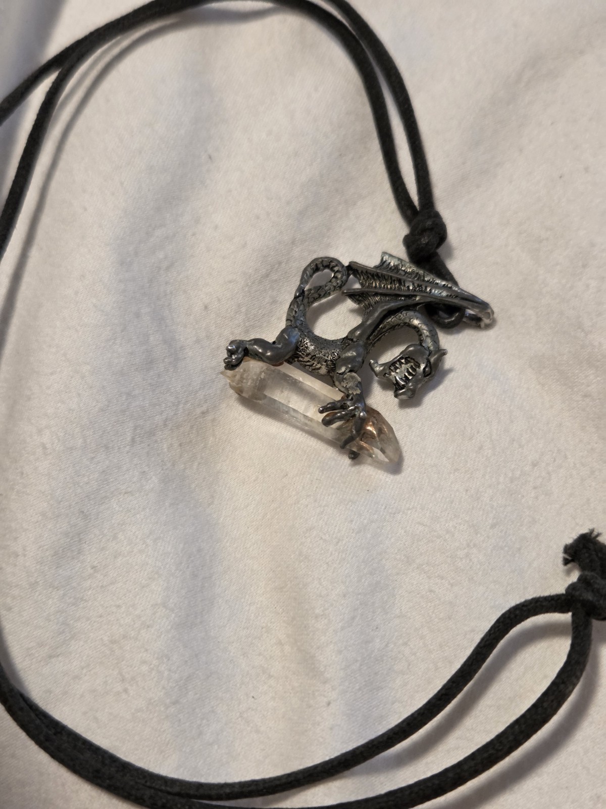 Vintage Pewter Dragon Holding Crystal Pendant Handmade