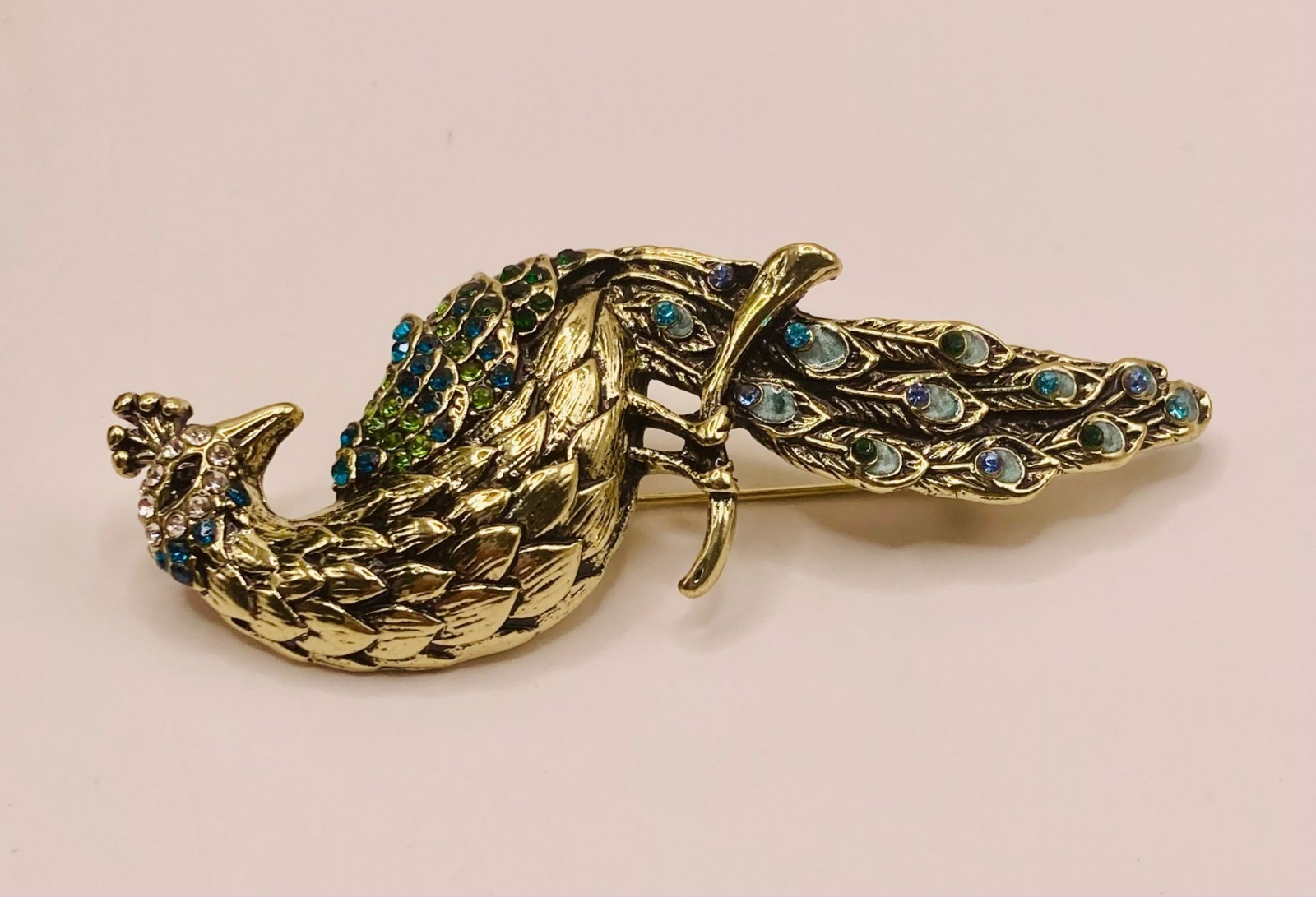 Gold-Tone Peacock Brooch Pin Blue Purple Rhinestones -20B