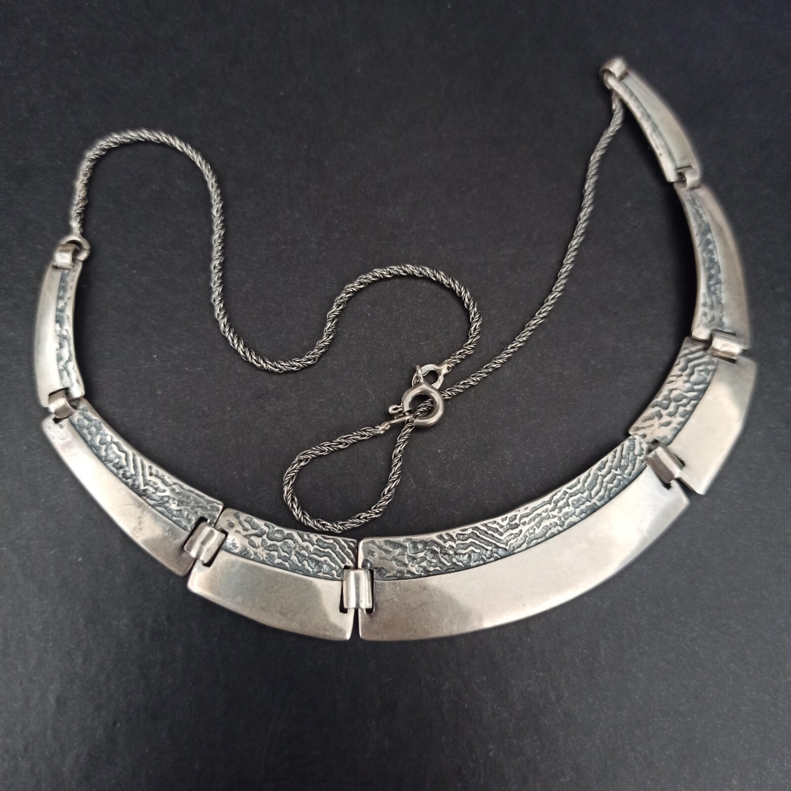 VTG Silver Artisan Necklace Modernist Articulated Links Textured Bib 90s Gift