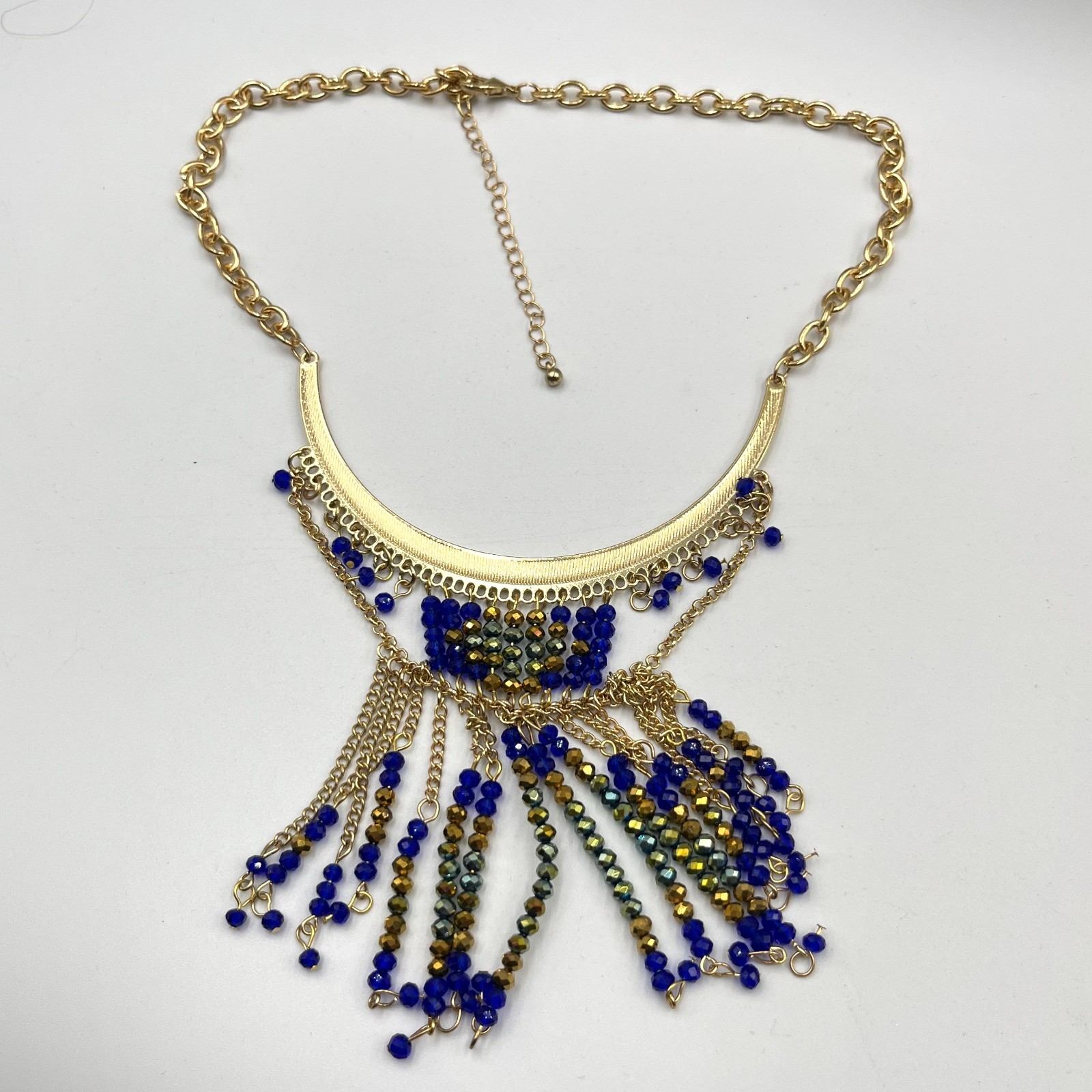 Vintage Retro Gold Tone Cobalt Blue Beaded Fringe Statement Bib Necklace Fashion