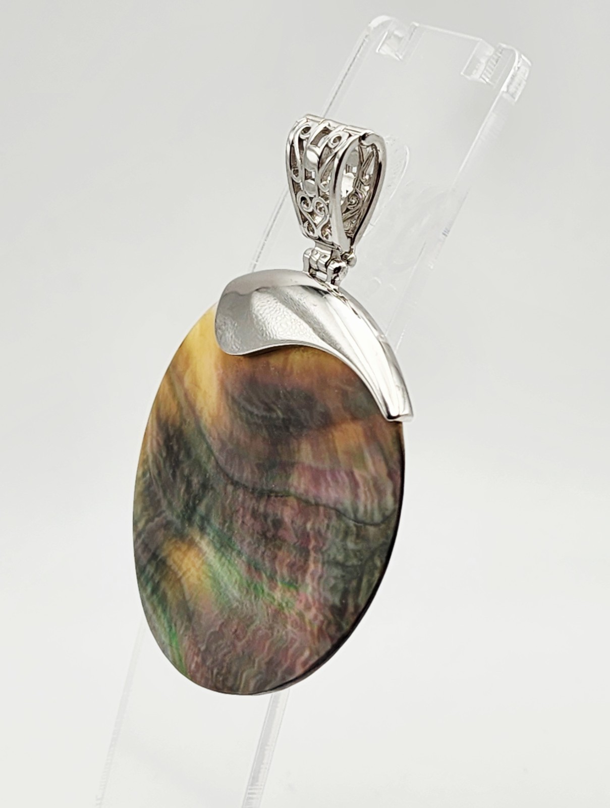 BBJ Vintage Sterling Silver Abalone Shell Scrollwork Pendant w/Hinged Bail