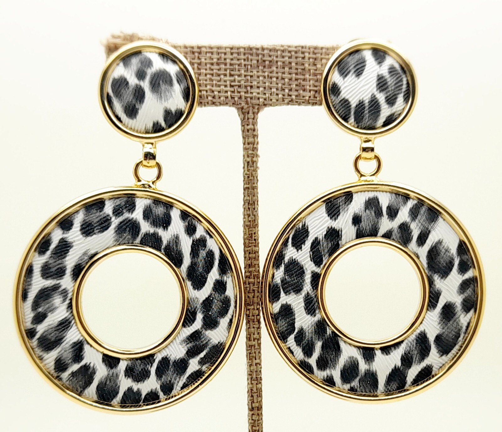Vintage chunky Leather white & black Earrings Animal Print Leather Clip Earrings