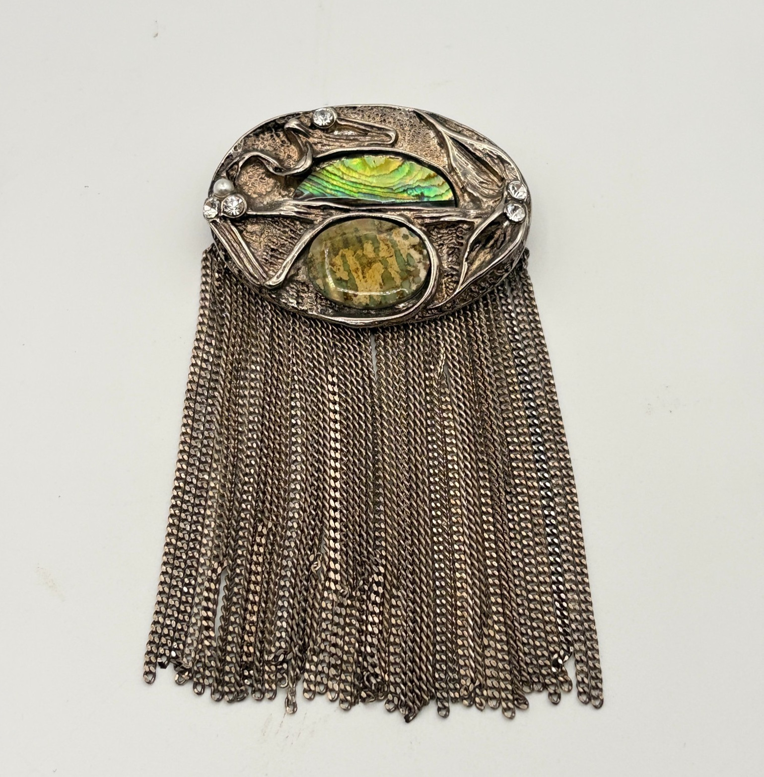 Vintage Modernist Art Nouveau Abalone Shell Waterfall Brooch Pin Fringe Chain