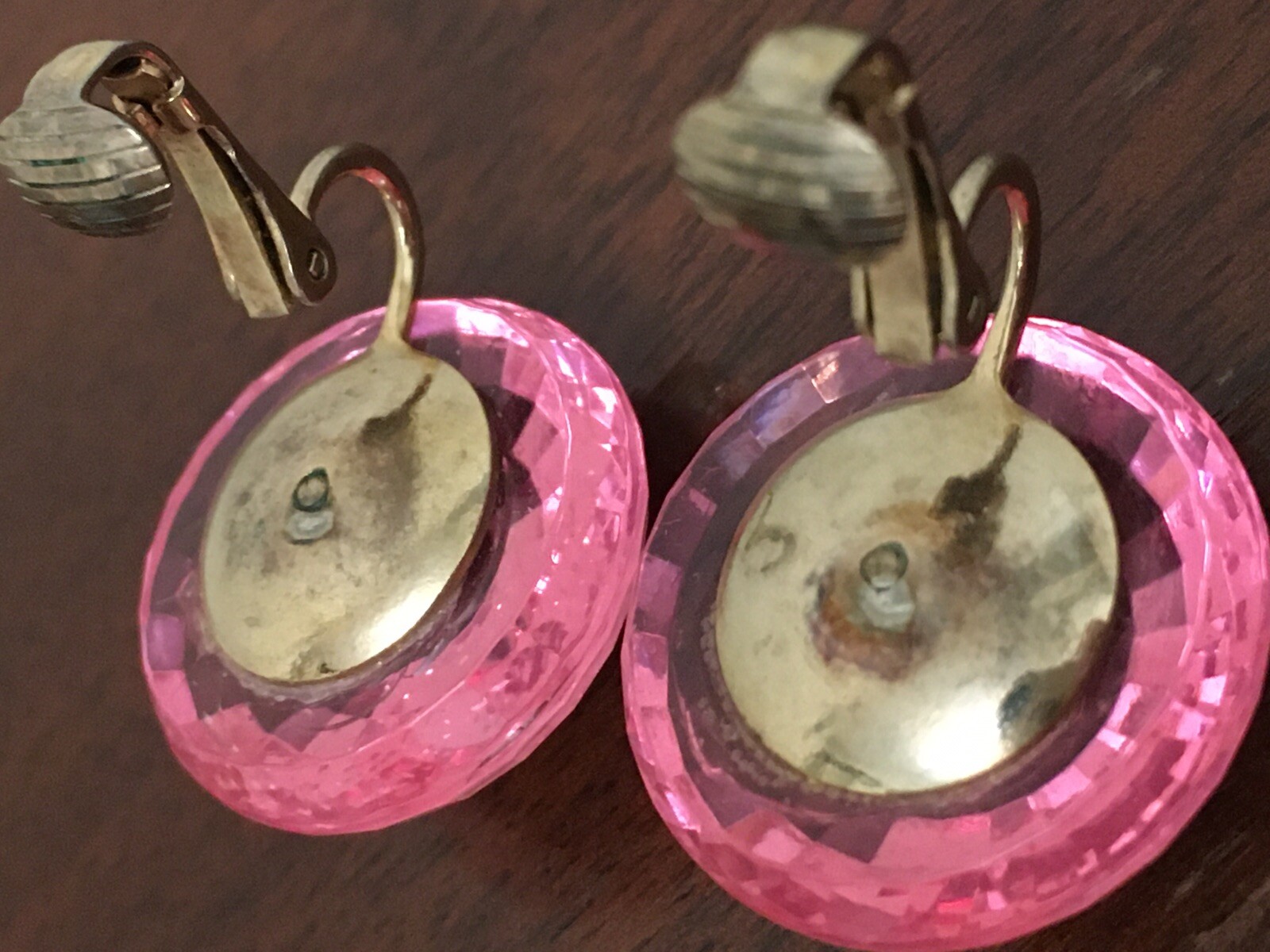 Vintage Dalshelm Earrings Pink Acrylic Plastic Faceted Gem Gold Tone Clip Ons