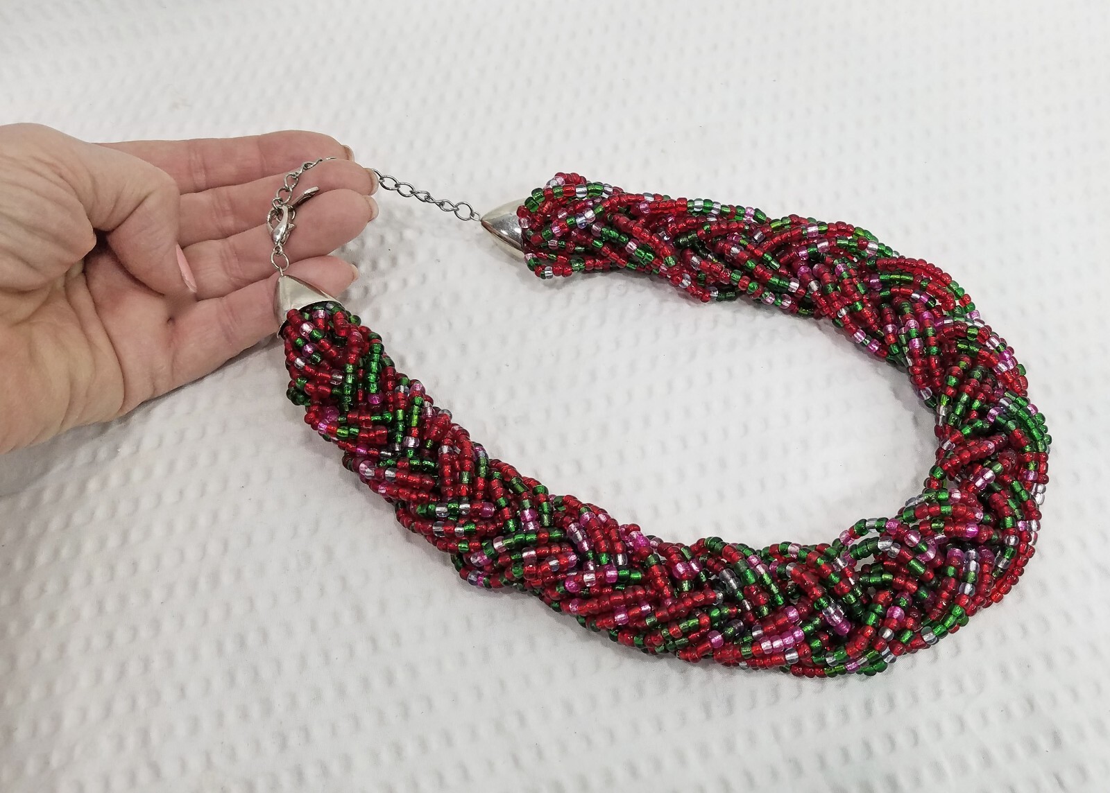 Vintage Signed You & I Burgundy Pink and Green Braided Seed Beed Choker Necklace