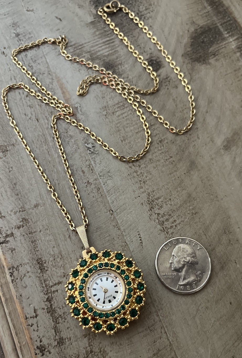 Vintage Honey Hand Wind Green Crystal Gold Tone Pendant Watch Chain Necklace
