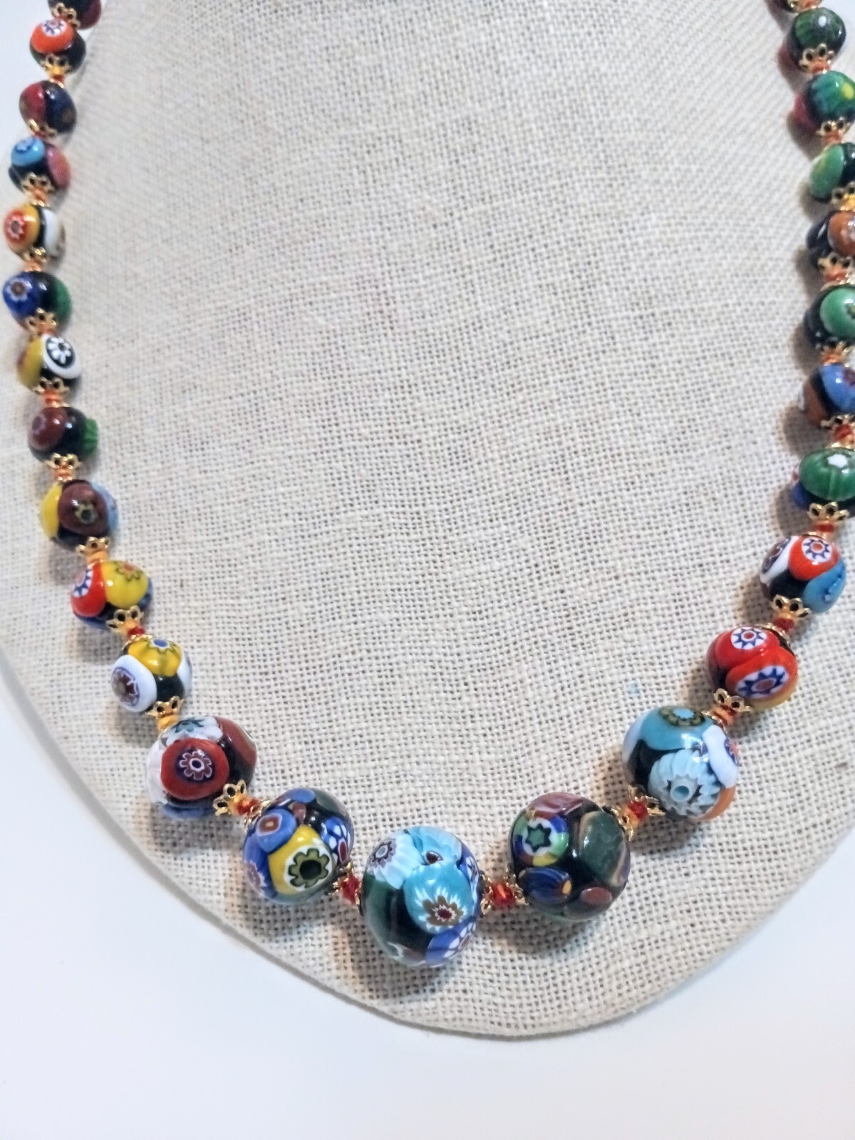 Beaded Necklace Millefiori Multi Color Glass 20″ Strand 1920’s Fish Hook Clasp