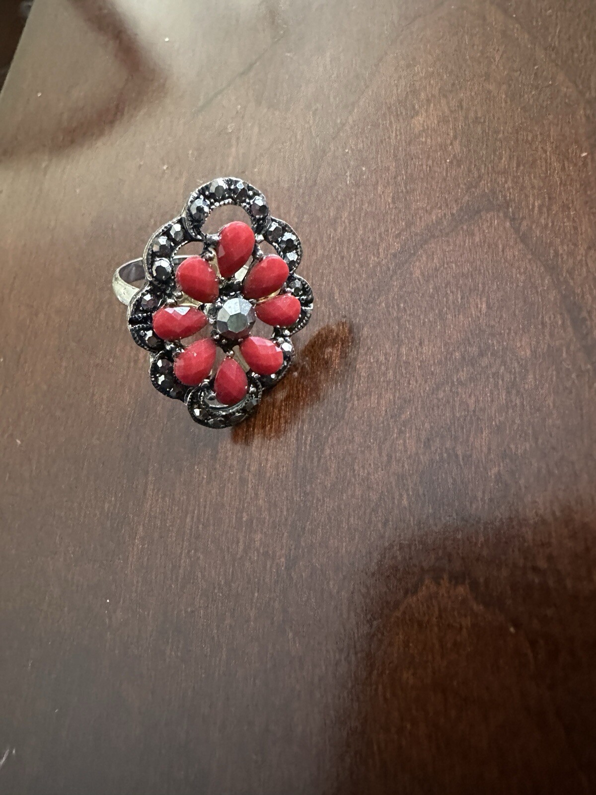 Designer Coral & Black Marcasite Adjustable Ring