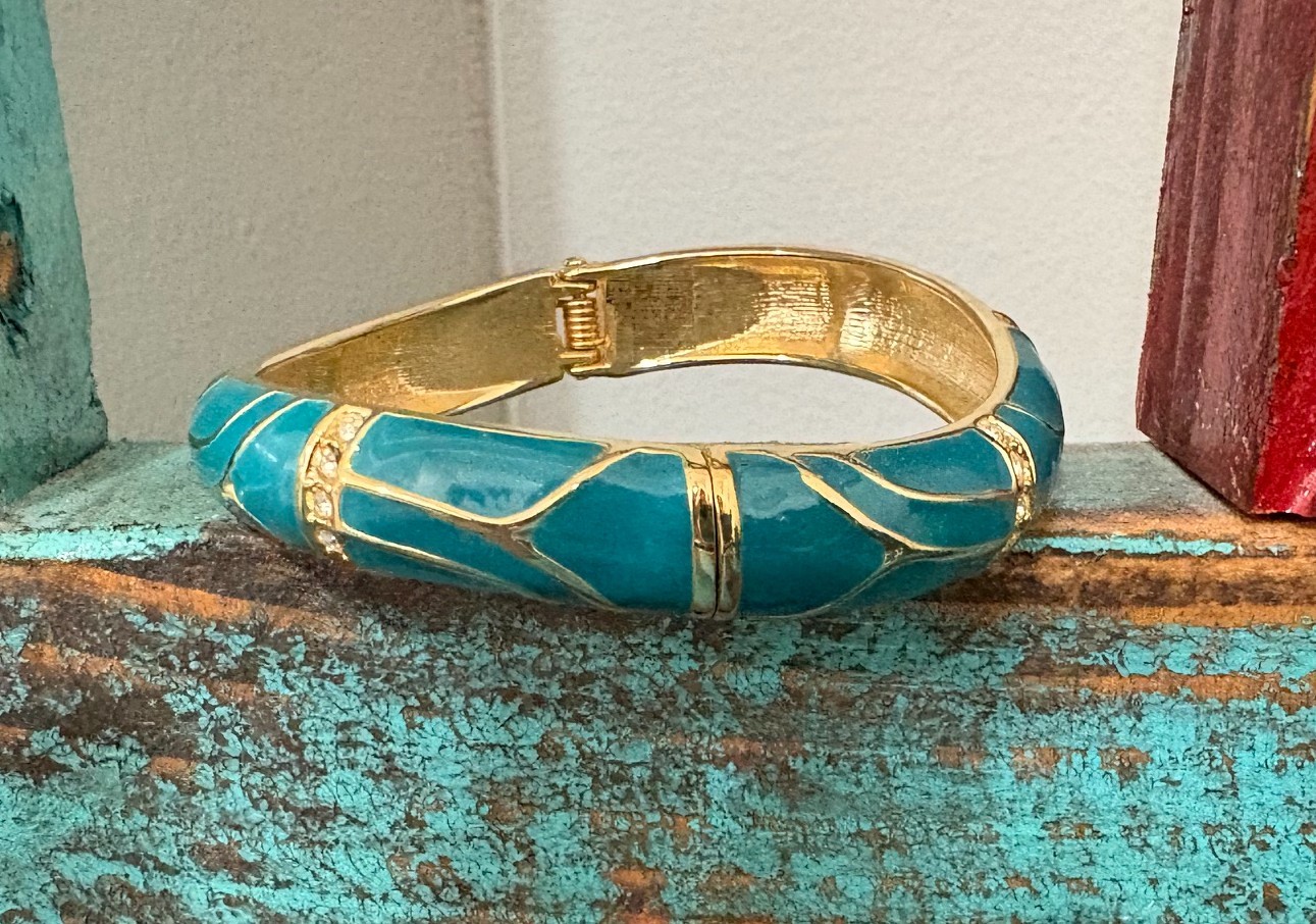 Vintage “Perfect Wave” azure blue enamel and crystal hinged bangle gold tone