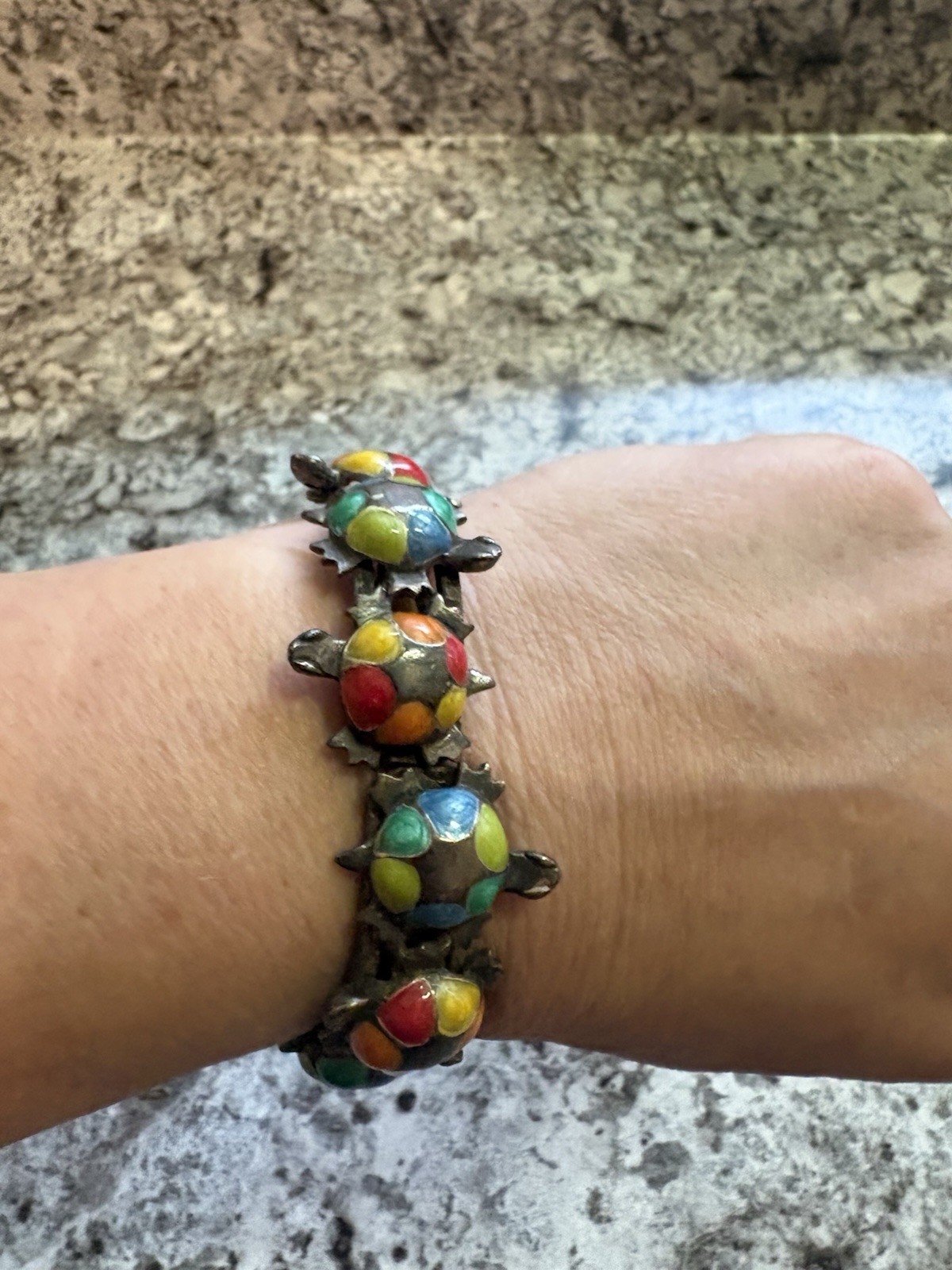 Vintage Turtle Bracelet Silver Tone Metal Green Enamel Floating Enamel Turtles