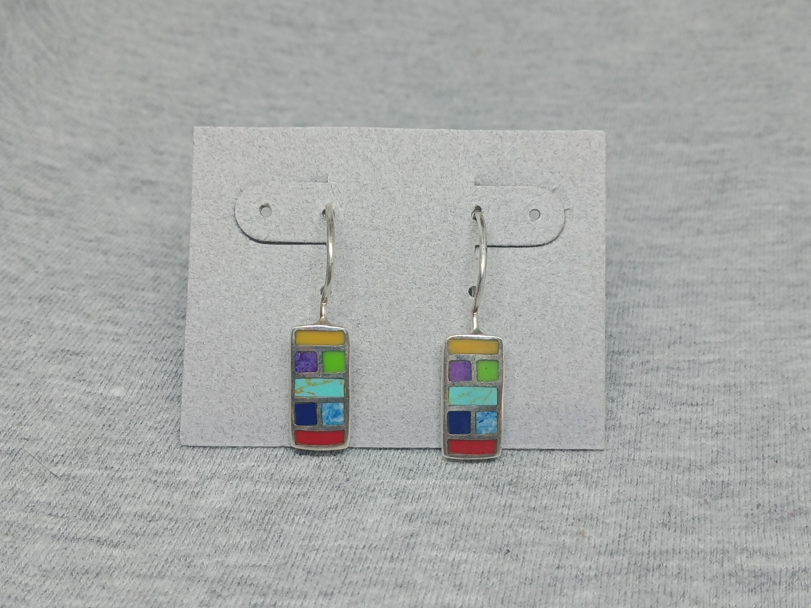 Vtg 925 Sterling Silver Multicolor Bad Pierced Dangle Hook Earrings Signed SX 1″