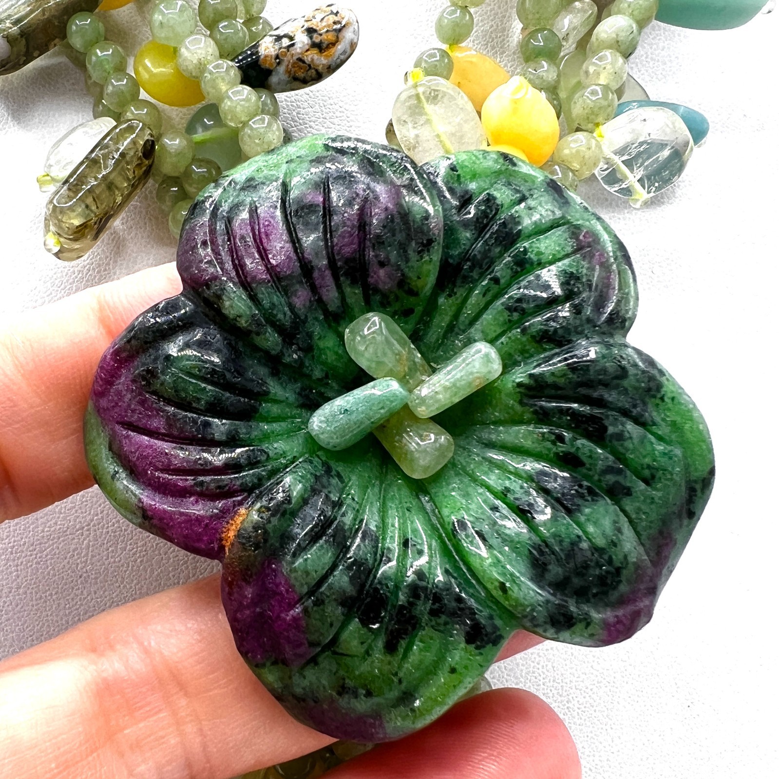 Green and Purple Beaded Flower Lariat Necklace – Mineral & Glass Bib Statement