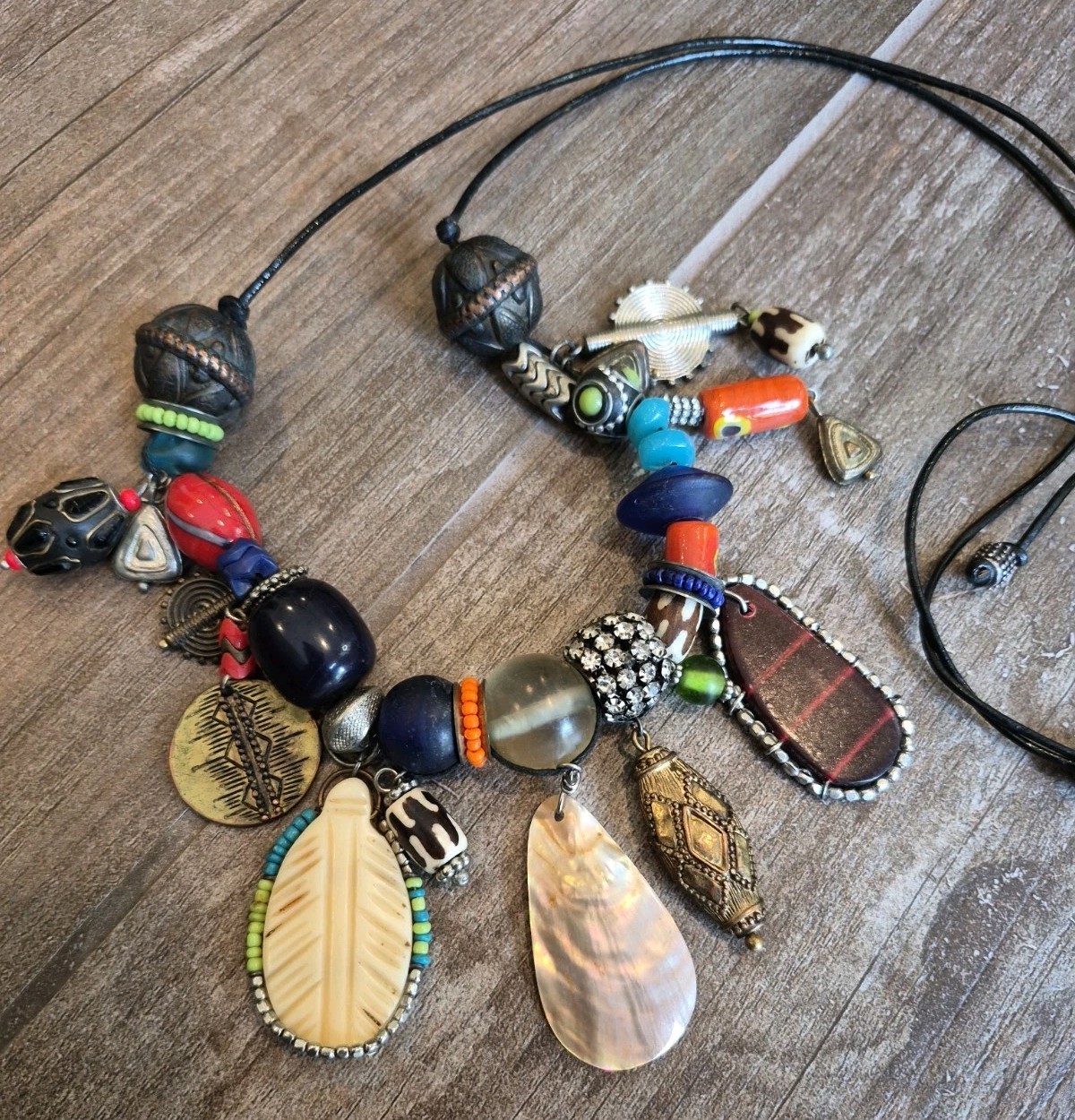 Vintage Eclectic Charm Bead Adjustable Length Leather Cord Necklace