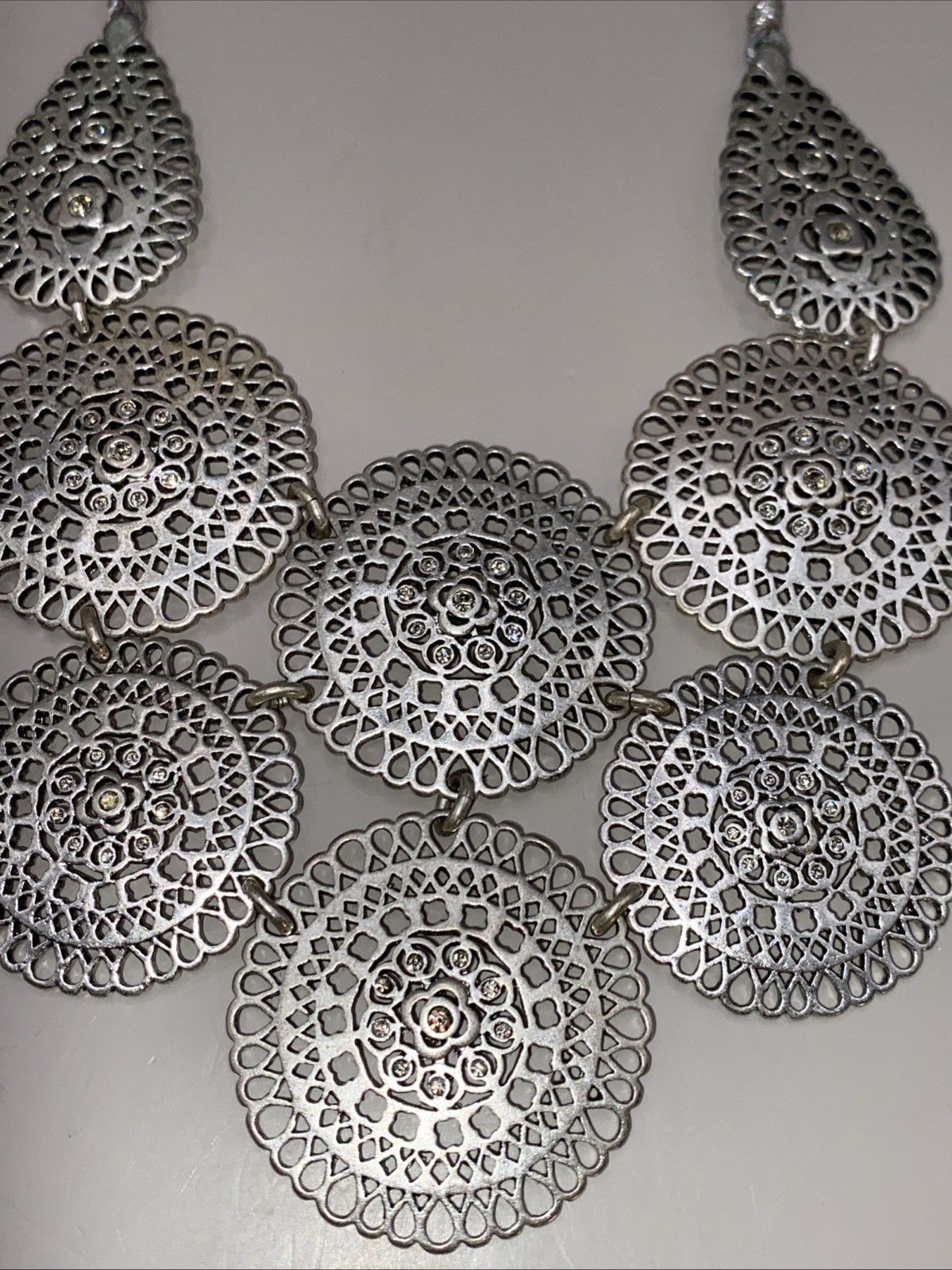 4 VTG Silver Tone Necklaces + Earrings Filigree Medallion Stella & Dot Rope GLAM