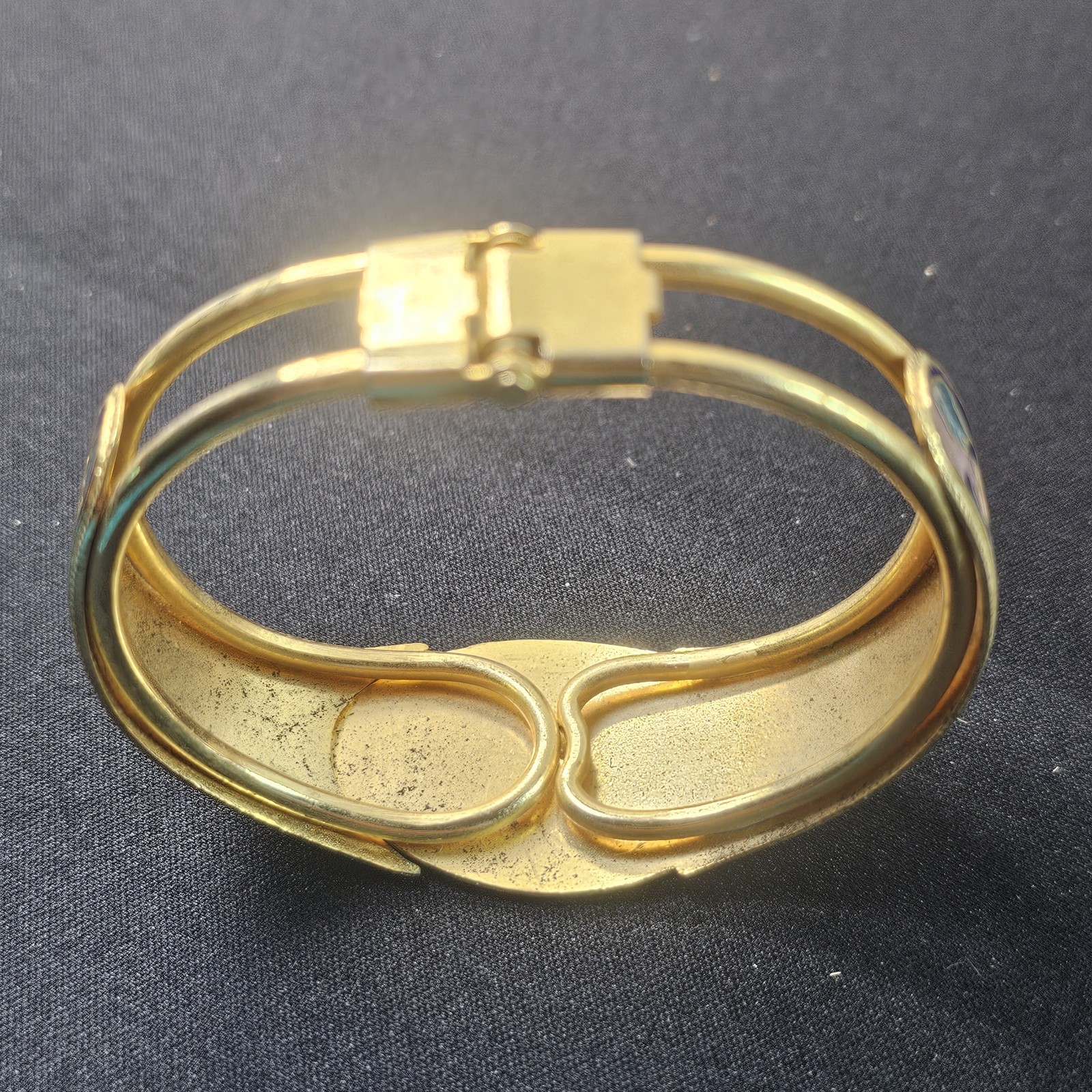 Vintage Unicorn Cloisonne Enamel Cuff Bracelet Gold Tone Clamper Hinged/Butterfl
