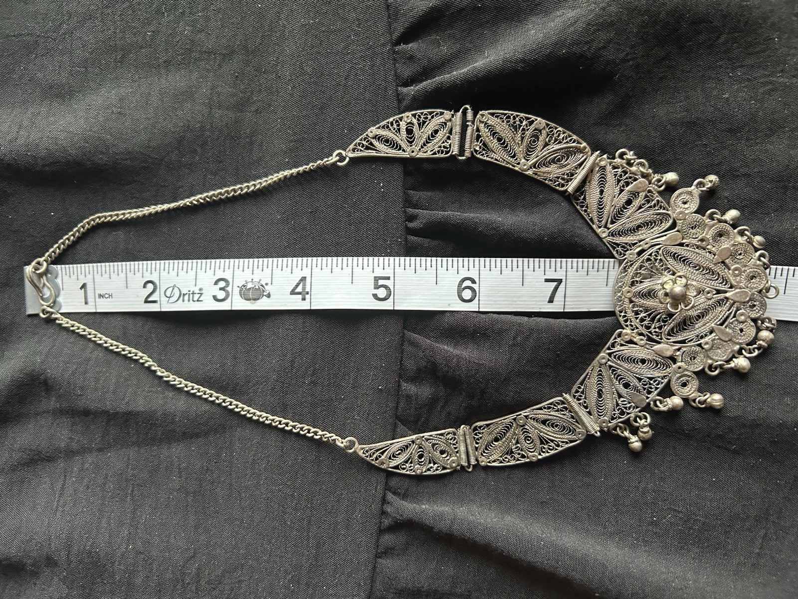 VTG Rare Spun Silver Filigree Artisan Flower Dangle Bib Statement Panel Necklace