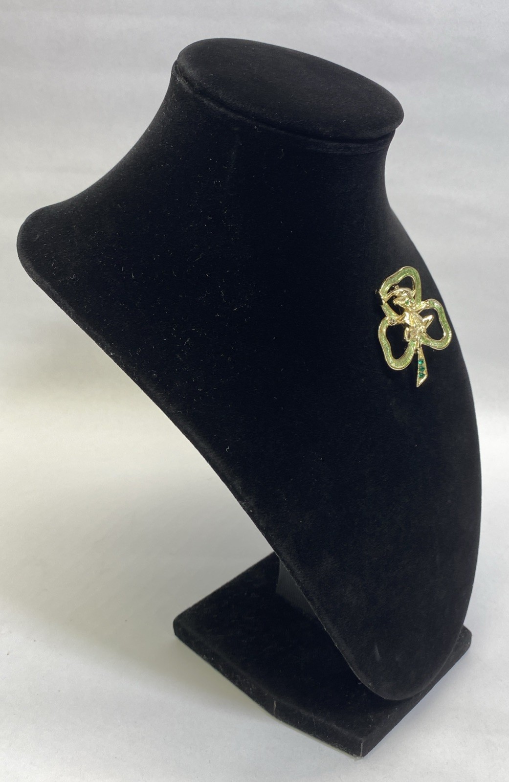Signed BJ Leprechaun Shamrock Brooch Pin With Emerald Green Rhinestone Eyes