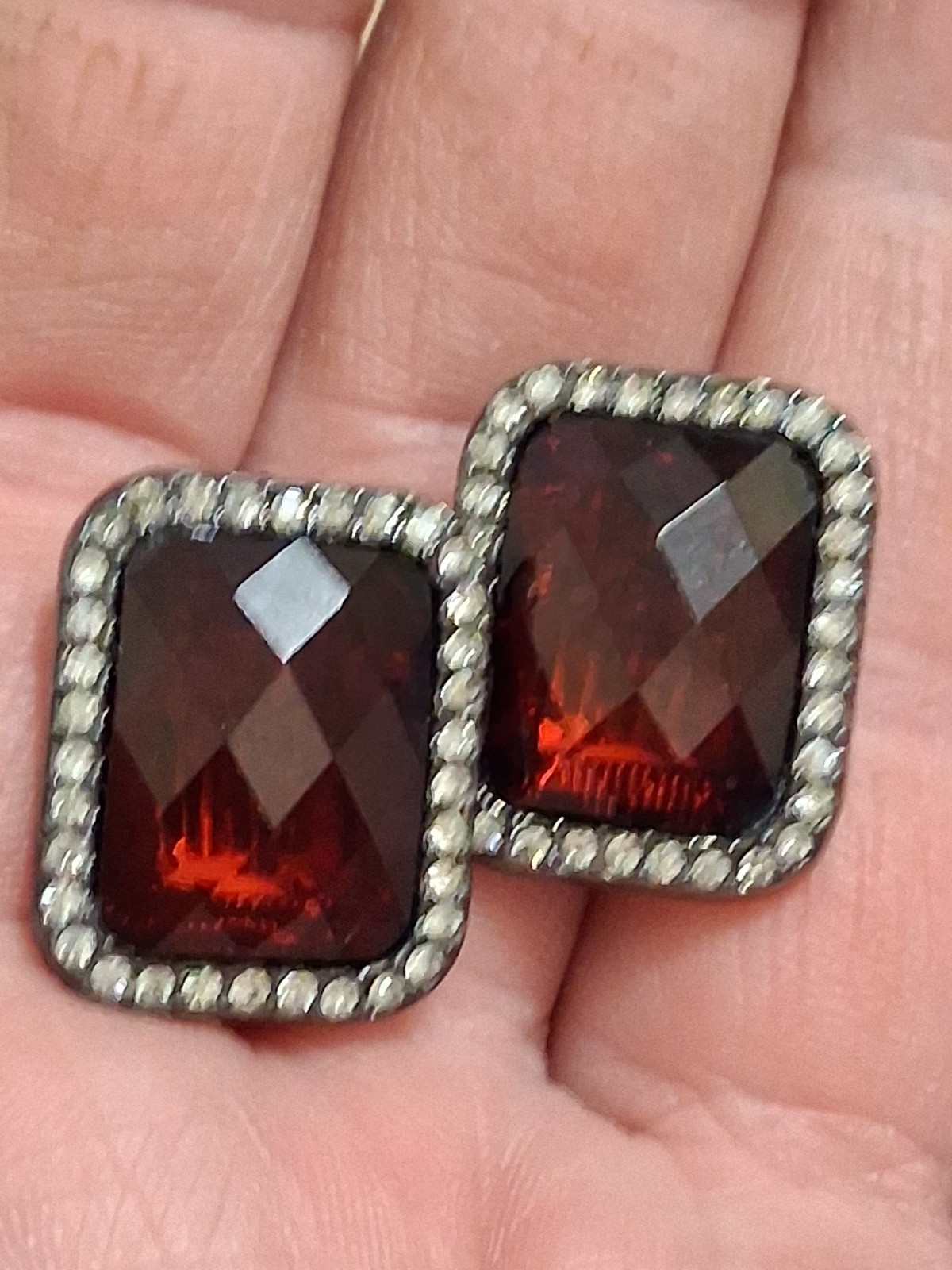 Red faceted acrylic rectangle clip on halo earrings, clear rhinestone border