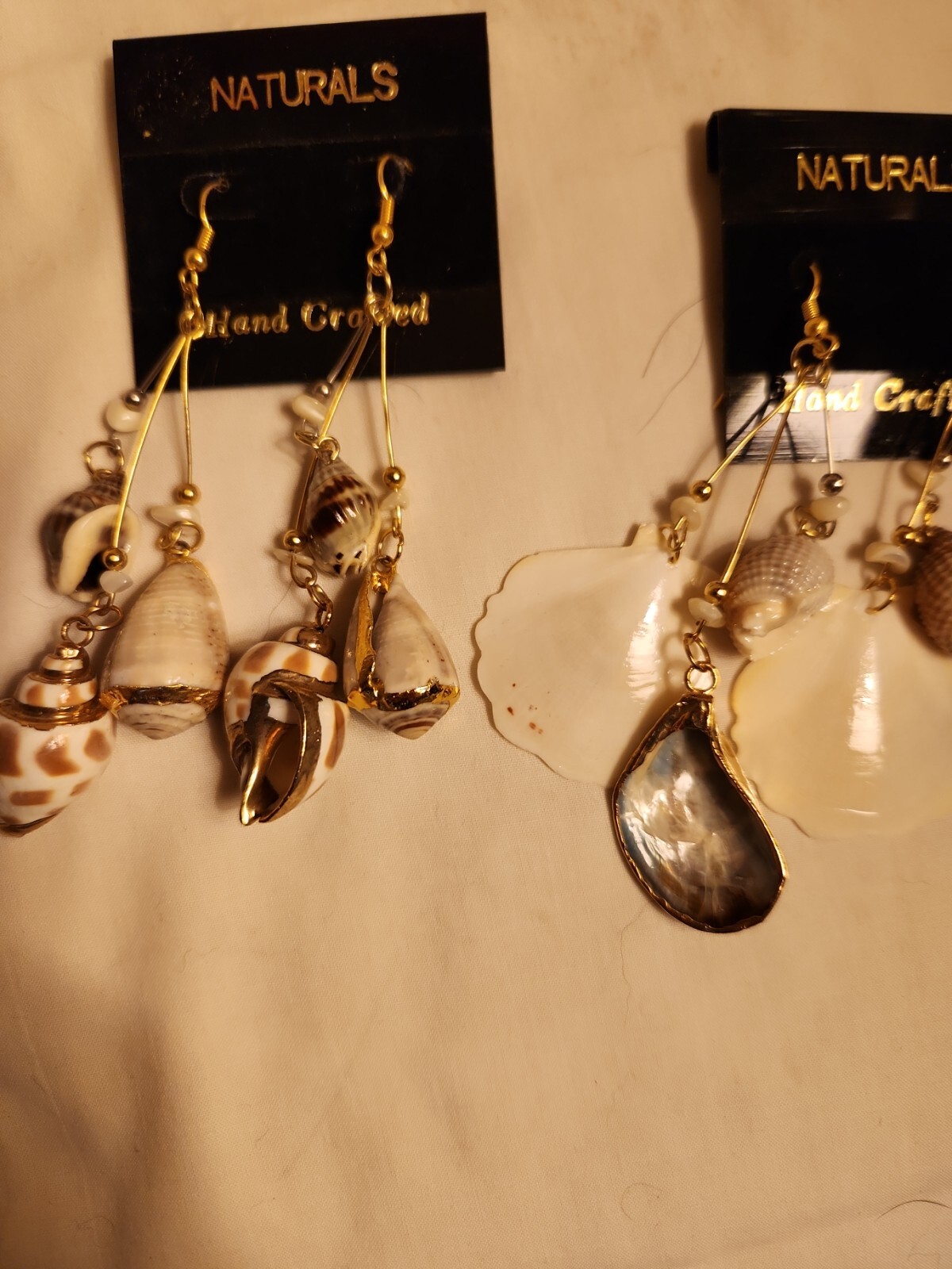 Vtg Sea shell gold trim foil natural estate Dangle Earrings 4″ Jewelry Lot of 2