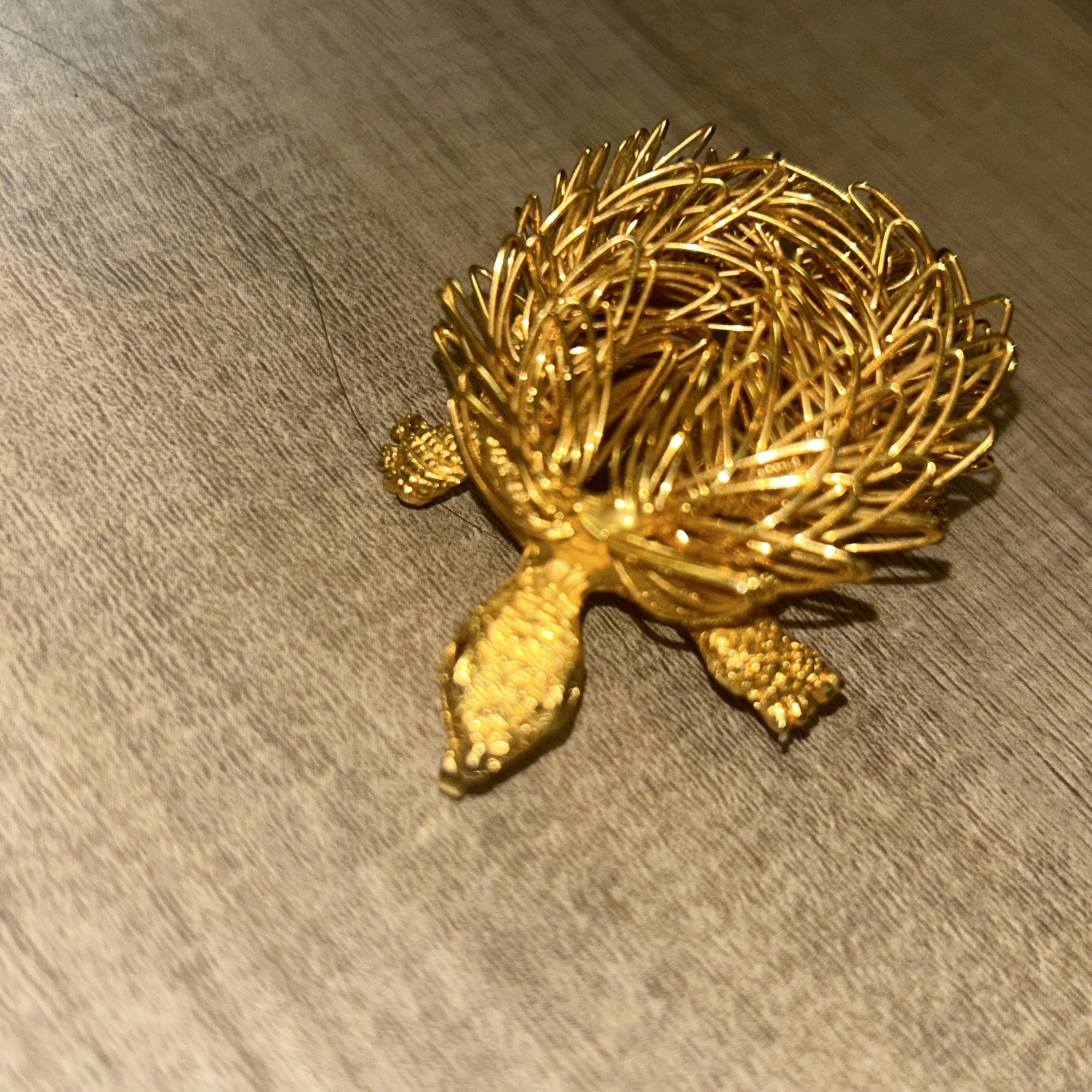 Vintage Turtle Brooch Pin Wire Work 70’s Gold Tone Red Crystal Eyes Whimsical