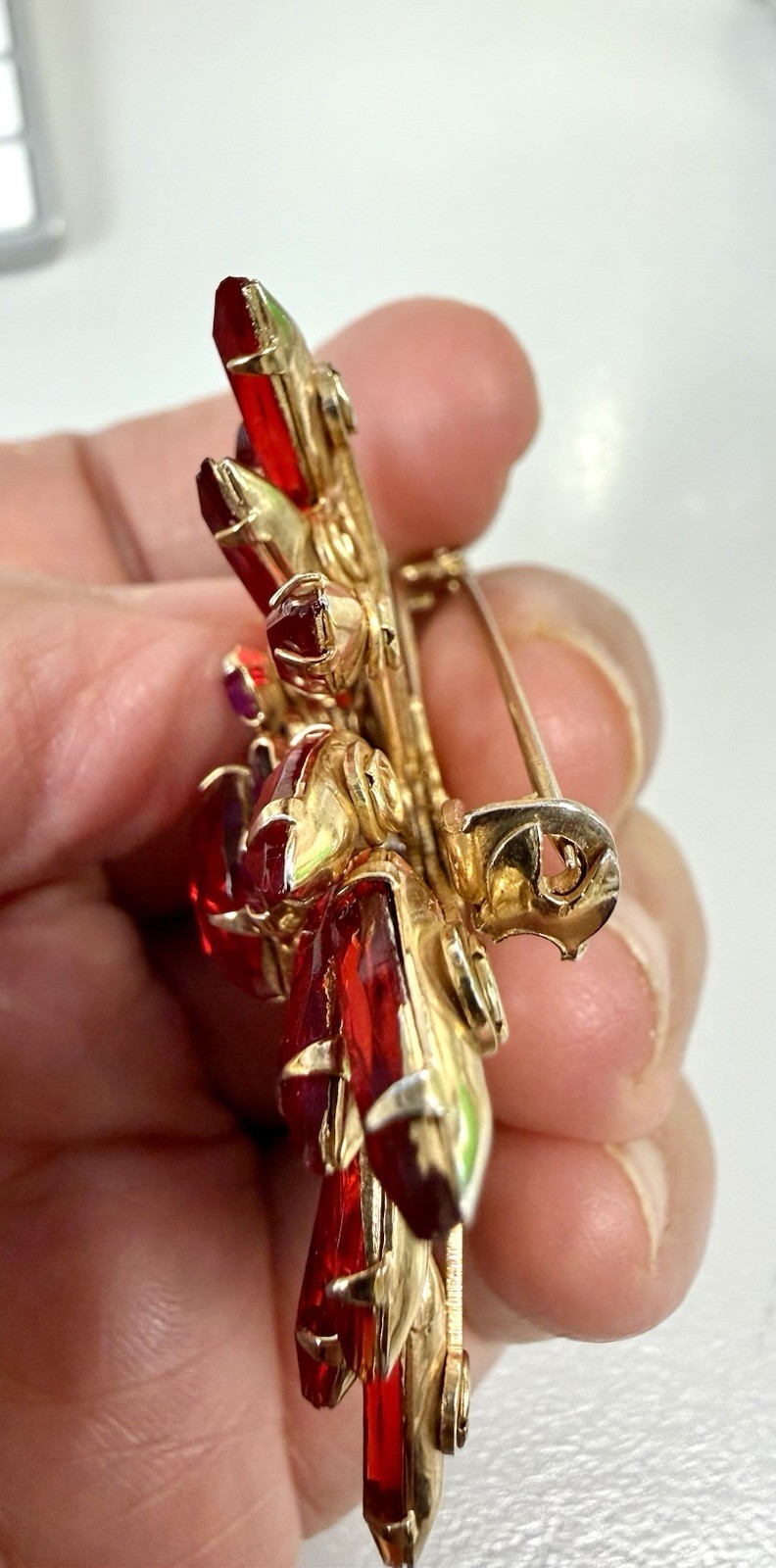 Vintage Juliana Style Red Navette Rhinestone Starburst Brooch AB Gold Tone
