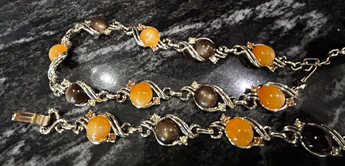 Vintage Peach Brown Moonglow Thermoset Lucite Rhinestone Necklace & Bracelet Set