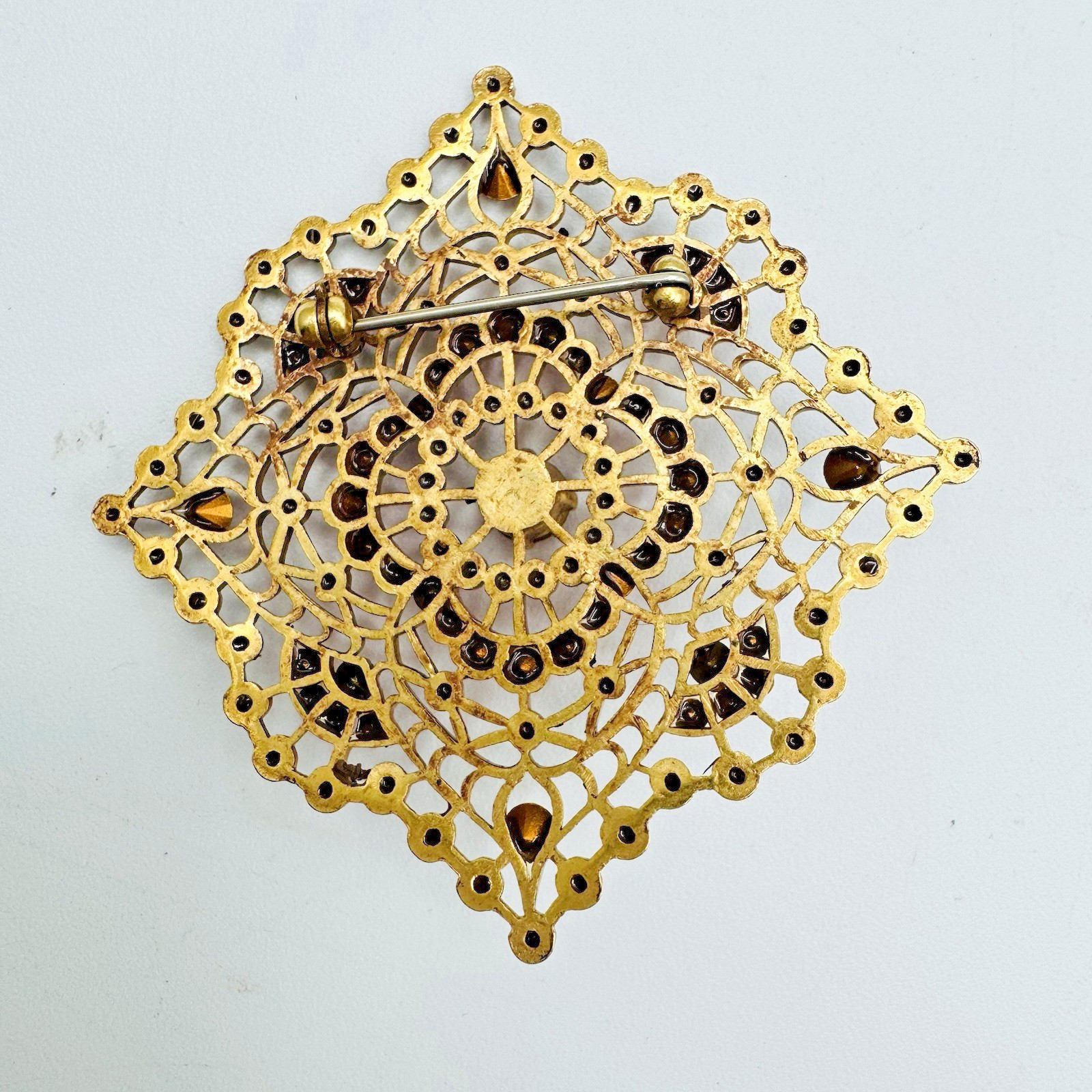 VTG Filigree Rhinestone Brooch Pink Purple Orange Victorian Revival Mandala