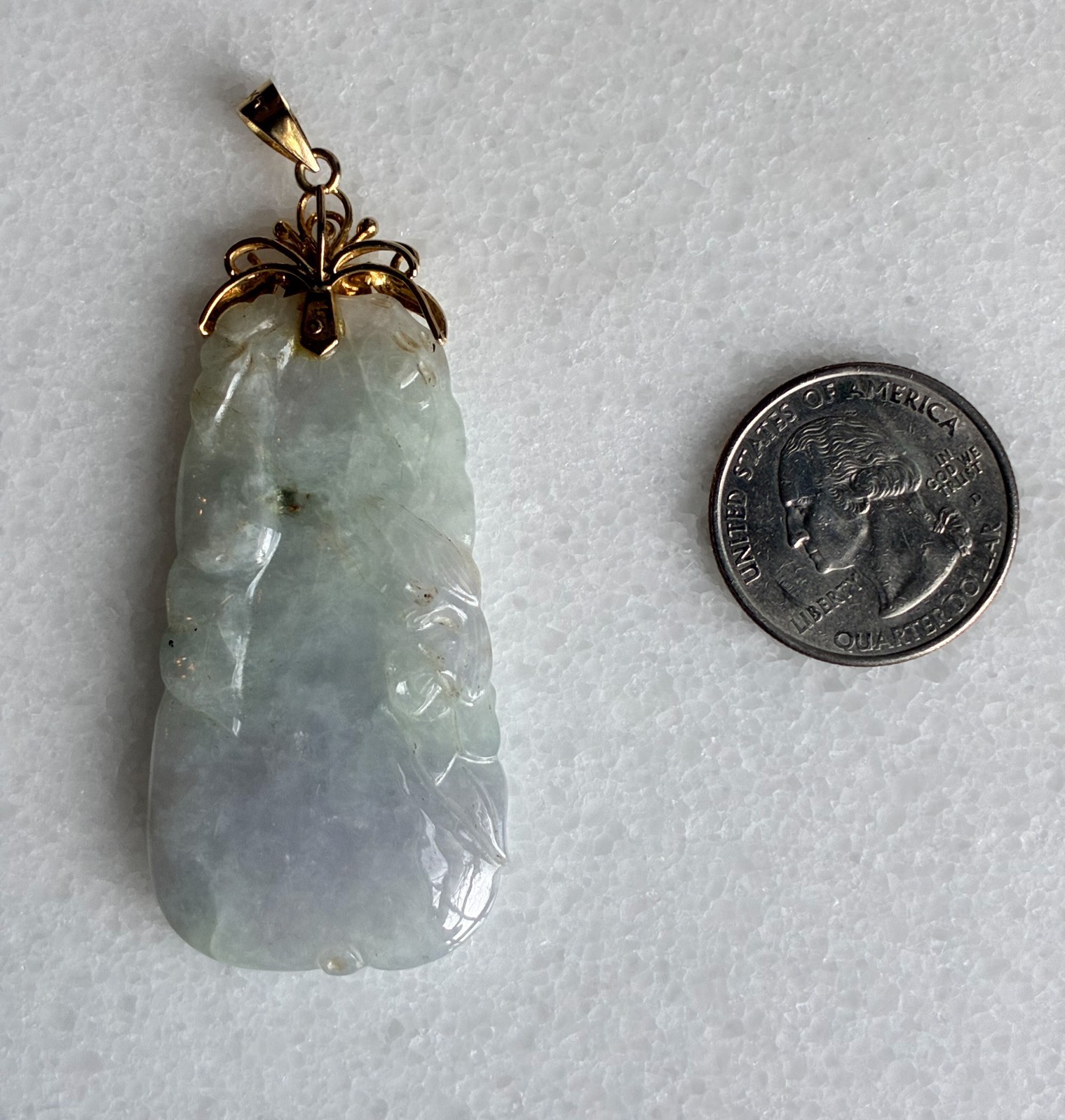 VTG Large Carved Jade Jadeite Pendant 14K 585 Gold Fancy Mount & Bail~ 2 3/4″