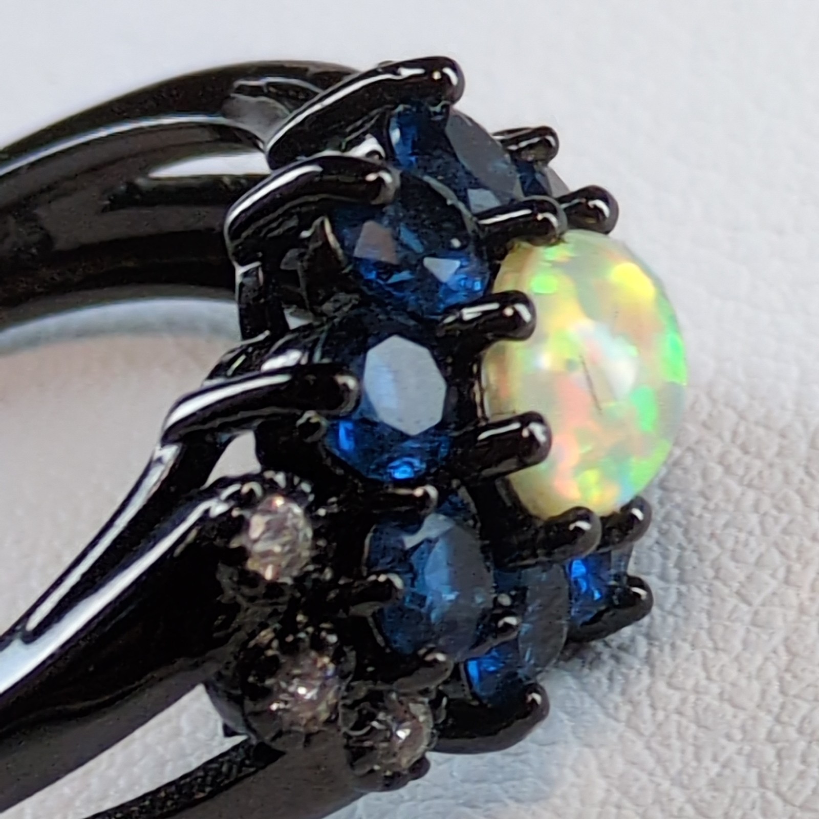 Goth Black Gunsmoke 925Sterling Silver Lab-Created Opal Blue Sapphires CZ Ring